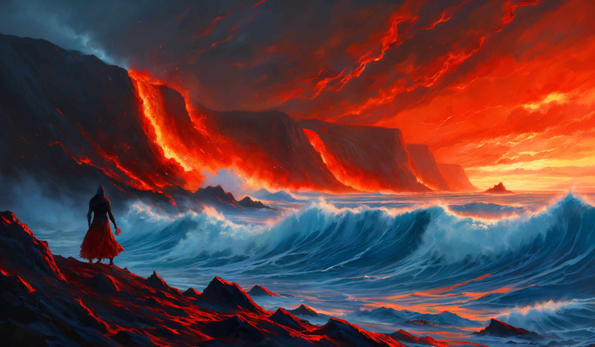 The image showcases a dramatic and intense scene. Dominating the background is a fiery red and orange sky, with swirling clouds and molten lava flowing down cliffs into the ocean. The ocean itself is tumultuous, with waves crashing and foaming. In the foreground, there's a lone figure, possibly a woman, draped in a flowing red cloak, standing on rocky terrain. She seems to be observing the scene, with her back turned to the viewer. The overall mood of the image is one of awe, danger, and natural power.