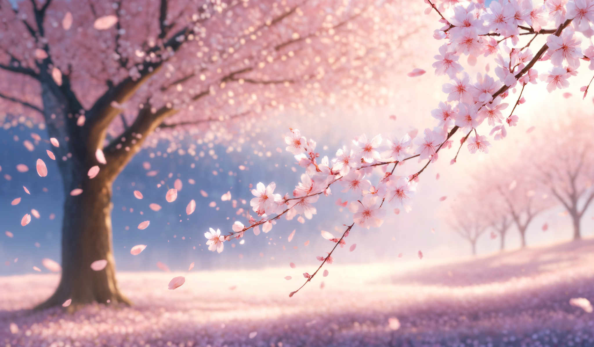 The image showcases a vibrant scene of a large tree with pink blossoms. The tree branches are laden with these blossoming flowers, and some petals are gently falling from the branches. The background reveals a serene landscape with more trees, and the entire scene is bathed in a soft, ethereal light, giving it a dreamy quality. The ground is covered in a carpet of pink petals, and there's a gentle mist in the distance, adding to the tranquility of the scene.