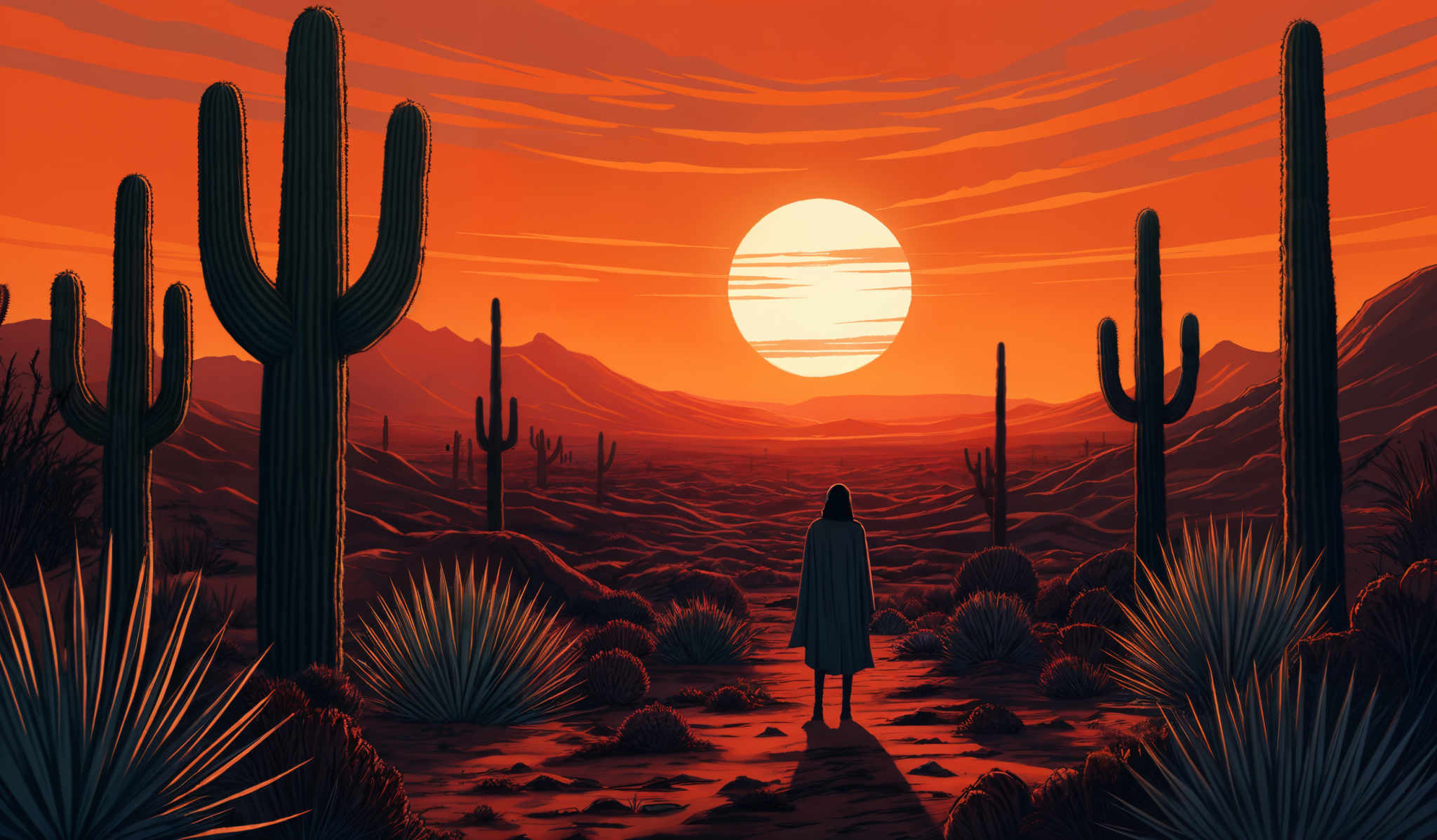 The image showcases a vibrant desert landscape during sunset. The dominant colors are shades of orange, red, and deep purple. The sky is painted with streaks of orange and red, representing the setting sun. The sun itself is a large, radiant orb, casting a warm glow over the scene. The landscape is dotted with tall cacti, their arms reaching upwards. In the foreground, there are various types of desert plants, including succulents and agave. A lone figure stands in the center, facing the sun, adding a sense of scale and contemplation to the scene, as they appear to be gazing at the horizon.