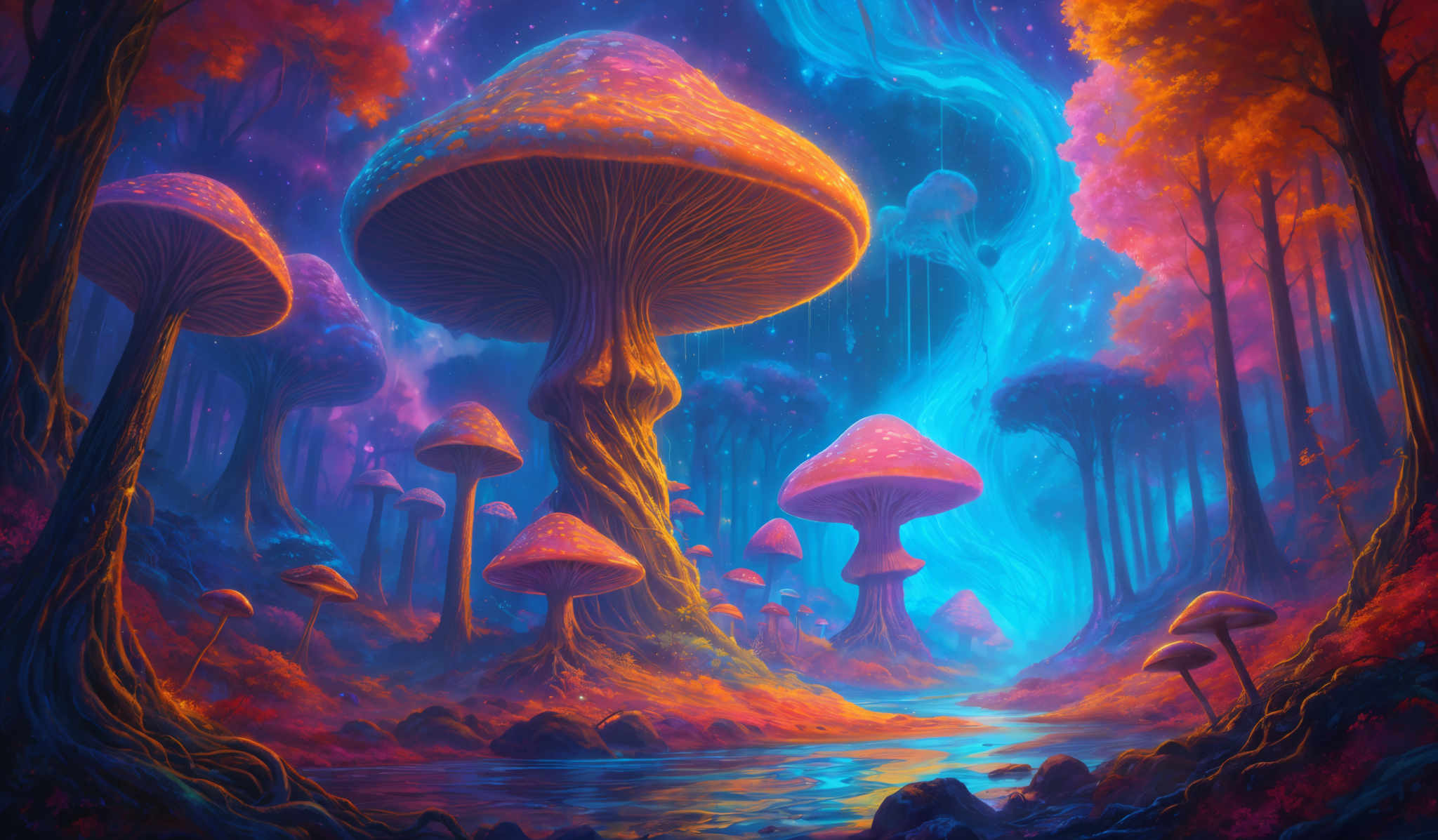 The image showcases a vibrant and surreal forest scene. Dominating the scene are large, mushroom-like structures with vividly colored caps ranging from deep reds to bright blues. The stems of these mushrooms are intricately detailed, showing a mix of brown and golden hues. Surrounding the mushrooms are trees with fiery orange and red foliage, contrasting with the cooler blue tones emanating from the background, which appears to be a mystical or celestial space. The ground is covered in a mix reds, oranges, and blues, suggesting a carpet of fallen leaves or perhaps a magical river reflecting the colors of the sky.