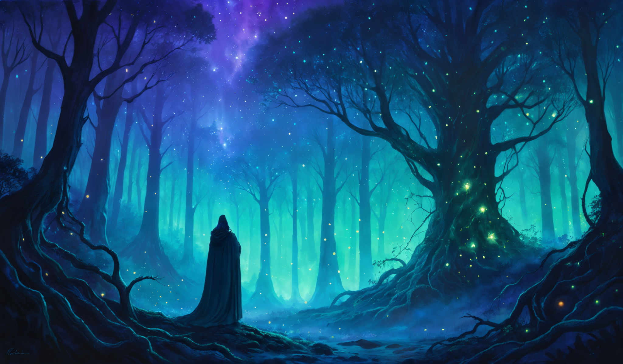 The image showcases a mystical forest with tall, slender trees that have gnarled and twisted branches. The sky is filled with a myriad of colors, predominantly shades of blue and purple, with specks of glowing stars and celestial bodies. The ground is covered with a thick carpet of leaves and there are glow-in-the-dark fireflies scattered throughout, adding to the ethereal ambiance. In the foreground, a lone figure draped in a cloak stands, gazing up at the sky, adding a sense of wonder and contemplation to the scene.