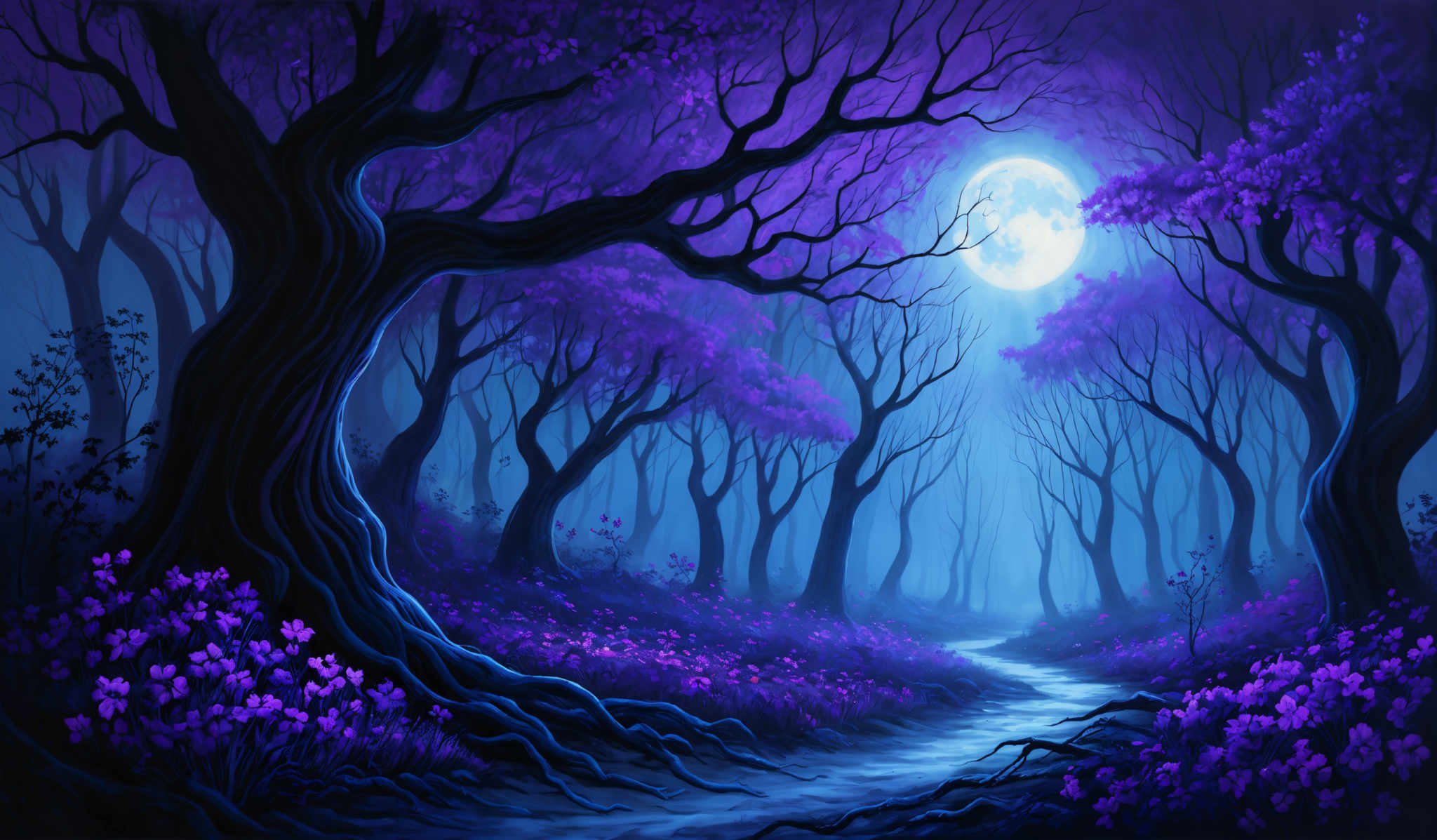 The image showcases a vibrant and mystical forest scene. Dominated by shades of purple and blue, the forest is bathed in a soft, ethereal light. The trees have gnarled and twisted branches, and their trunks are dark and intricately detailed. The ground is covered with purple flowers, and there's a winding stream that reflects the moonlight. The moon itself is large and bright, casting a soft glow over the entire scene. The overall ambiance is serene, magical, and otherworldly.