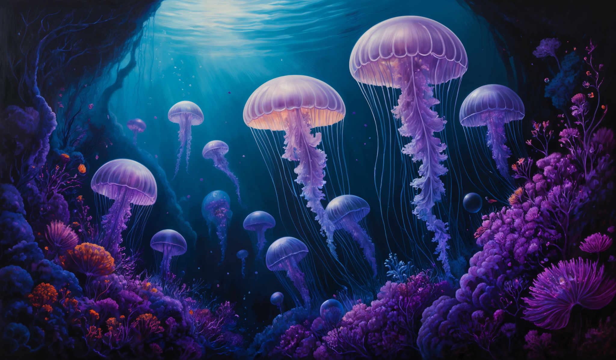 The image showcases a vibrant underwater scene dominated by various shades of blue and purple. There are several translucent jellyfish, some of which are larger and others smaller, floating gracefully in the water. The jelly fish have a delicate, umbrella-like shape with long, flowing tentacles. The surrounding environment is adorned with an array of colorful corals and marine plants, exhibiting hues of purple, orange, and green. The backdrop is a deep blue, suggesting the depths of the ocean, and there are rays of light filtering from above, illuminating the scene and creating a sense of depth and mystery.