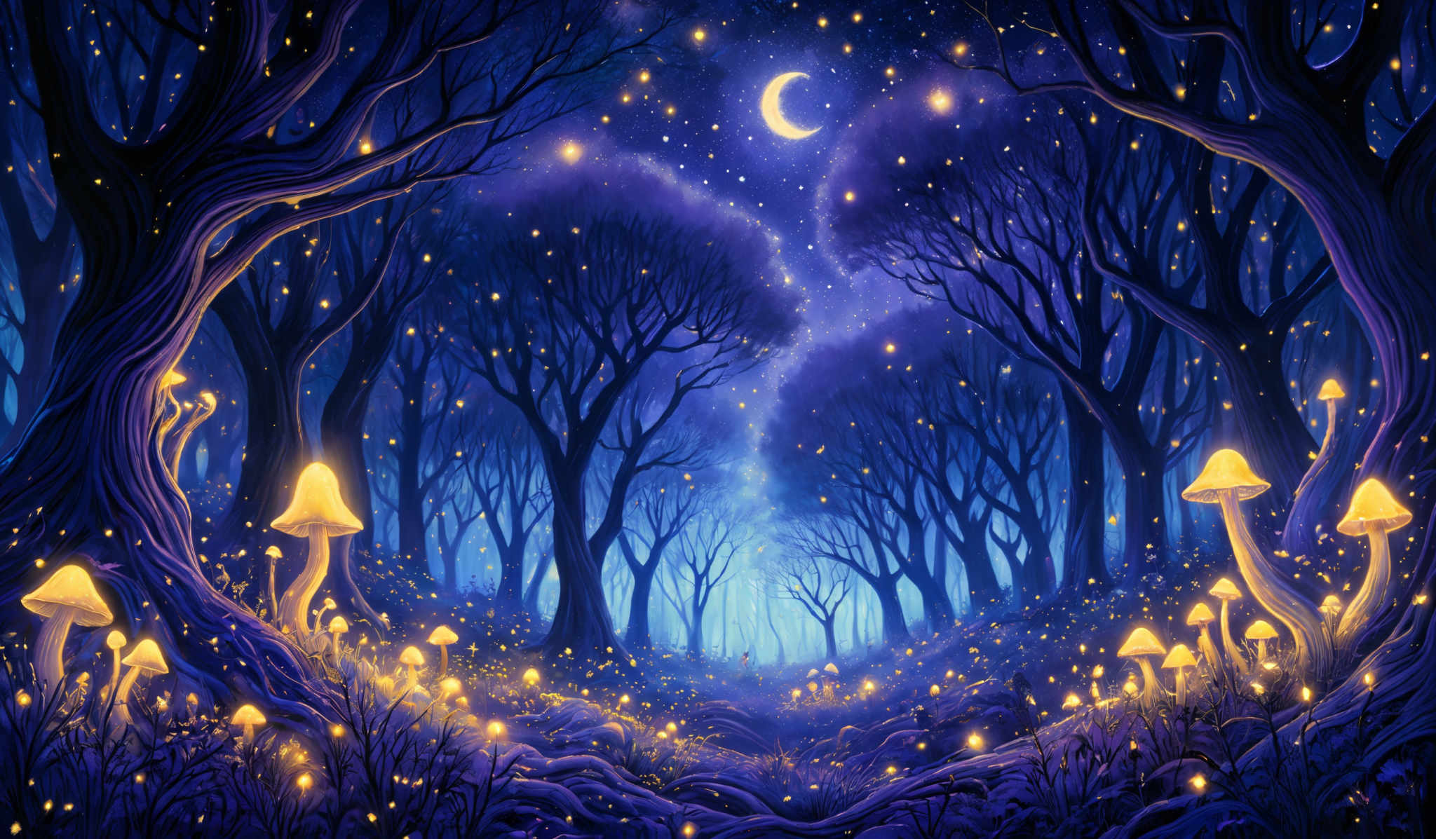 The image showcases a mystical forest scene during nighttime. The dominant colors are shades of blue and purple, creating a serene and dreamy atmosphere. The trees have gnarled and twisted trunks, and their branches stretch out in various directions. The ground is covered with a carpet of glowing mushrooms that emit a warm, golden light. Above, the sky is filled with stars, and a crescent moon is visible, adding to the enchantment of the scene.