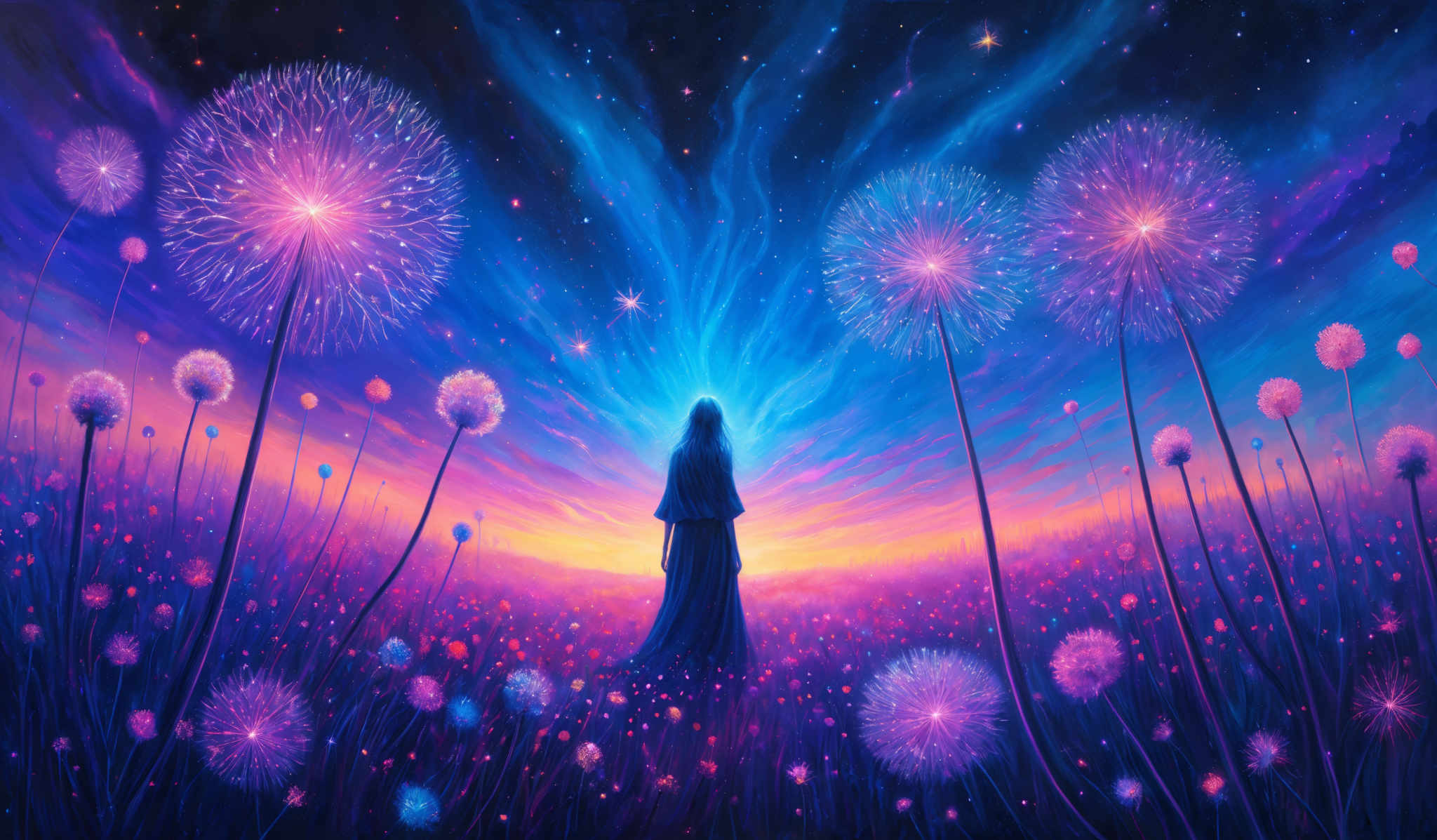 The image showcases a vibrant and mesmerizing scene. The dominant colors are shades of blue, purple, and pink, creating a dreamy and ethereal atmosphere. The central figure, a silhouette of a woman, stands amidst a field of luminescent flowers, her back to the viewer. She is surrounded by dandelion-like flowers that glow with a radiant light, almost as if they are stars. The sky above is a breathtaking display of colors, transitioning from deep blues to fiery oranges and pinks, suggesting either a sunrise or sunset. The entire scene exudes a sense of wonder, magic, and serenity.