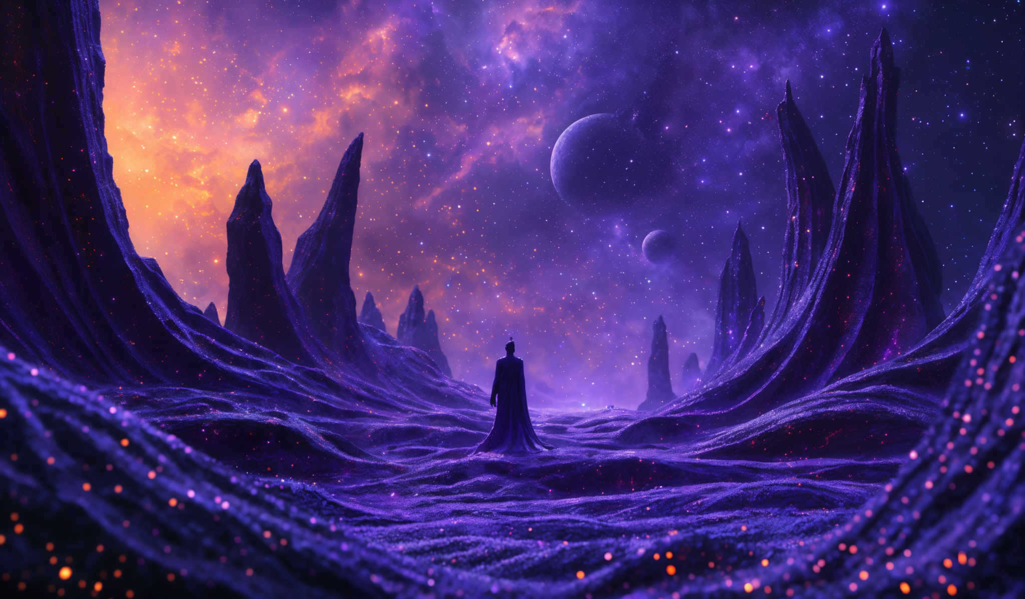 The image showcases a vibrant and mesmerizing cosmic landscape. Dominated by hues of purple, blue, and orange, the scene is set against a backdrop of a starry night sky with two prominent celestial bodies, possibly planets, visible. Jagged, towering rock formations rise from the ground, their silhouettes contrasting against the luminescent glow of the cosmos. The ground is covered in a shimmering, glowing substance, possibly representing a form of cosmic dust or stardust, which reflects the light from the sky. In the foreground, a lone figure stands, dwarfed by the grandeur of the surroundings, gazing up at the vastness of the universe.