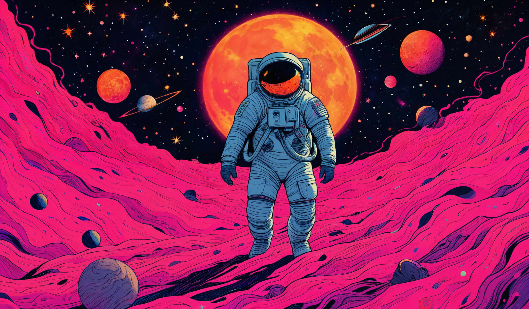 The image showcases a vibrant and colorful cosmic scene. Dominating the background is a large, bright orange moon or planet. Surrounding it are various celestial bodies, including planets and stars, all set against a deep blue space backdrop. In the foreground, there's an astronaut standing on a wavy, pinkish terrain. The astronaut is wearing a detailed spacesuit with a reflective visor. The suit is equipped with various tools and devices. The overall atmosphere of the image is both mysterious and awe-inspiring, capturing the vastness and beauty of space.