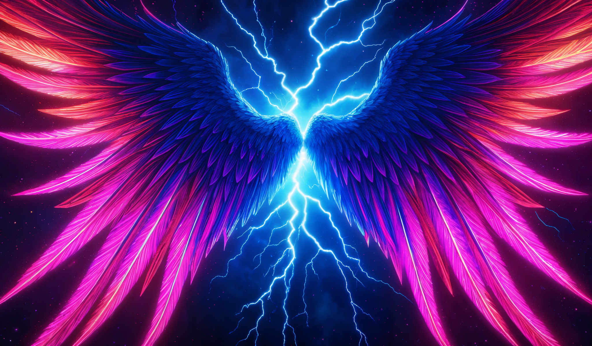 The image showcases a pair of vibrant wings that appear to be made of feathers. The feathers are predominantly in shades of pink, purple, and blue, with streaks of neon-like pink and orange. The wings are symmetrical and spread out, with the center being a bright blue, emanating a powerful light that looks like electricity or energy. The background is a deep black with scattered white lightning bolts, adding to the dramatic and mystical ambiance of the image, suggesting a stormy or otherworldly setting.