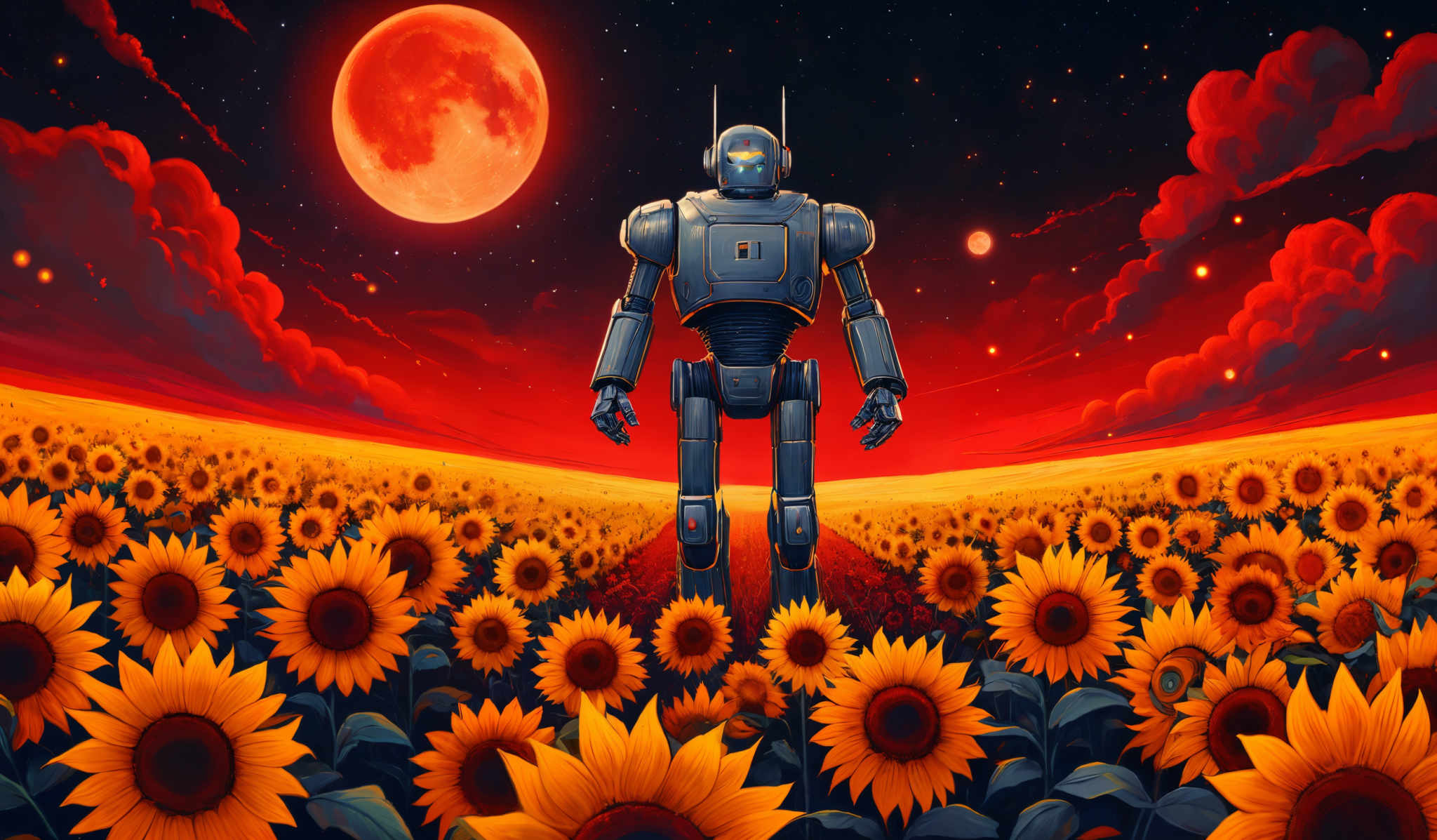 The image showcases a vibrant and colorful scene. Dominating the background is a large, reddish-orange moon, surrounded by a deep blue sky dotted with stars. The horizon is adorned with fiery red clouds, and the sky is transitioning from a deep red to a darker hue. In the foreground, there's a vast field of sunflowers, with their bright yellow petals and dark centers. The sunflower heads are densely packed, creating a sea of golden-yellow. Above the field, a large robot stands tall, its metallic body reflecting the ambient light. The robot has a humanoid shape with two arms and two legs, and it appears to be gazing into the distance.