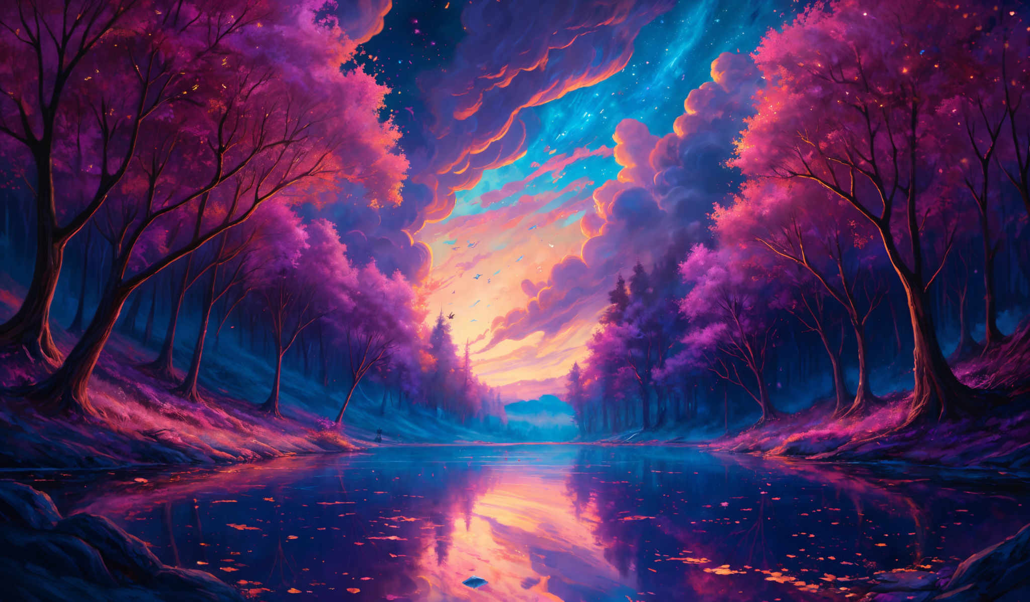 The image showcases a breathtaking landscape with vibrant colors. Dominating the scene are trees with pinkish-purple leaves, which seem to be reflecting on a calm body of water below. The sky is painted with hues of blue, purple, and orange, with swirling clouds that seem to emanate a fiery glow. The reflection of the trees and the sky in the water adds depth and symmetry to the scene. The overall atmosphere is serene, yet filled with a sense of wonder and magic.