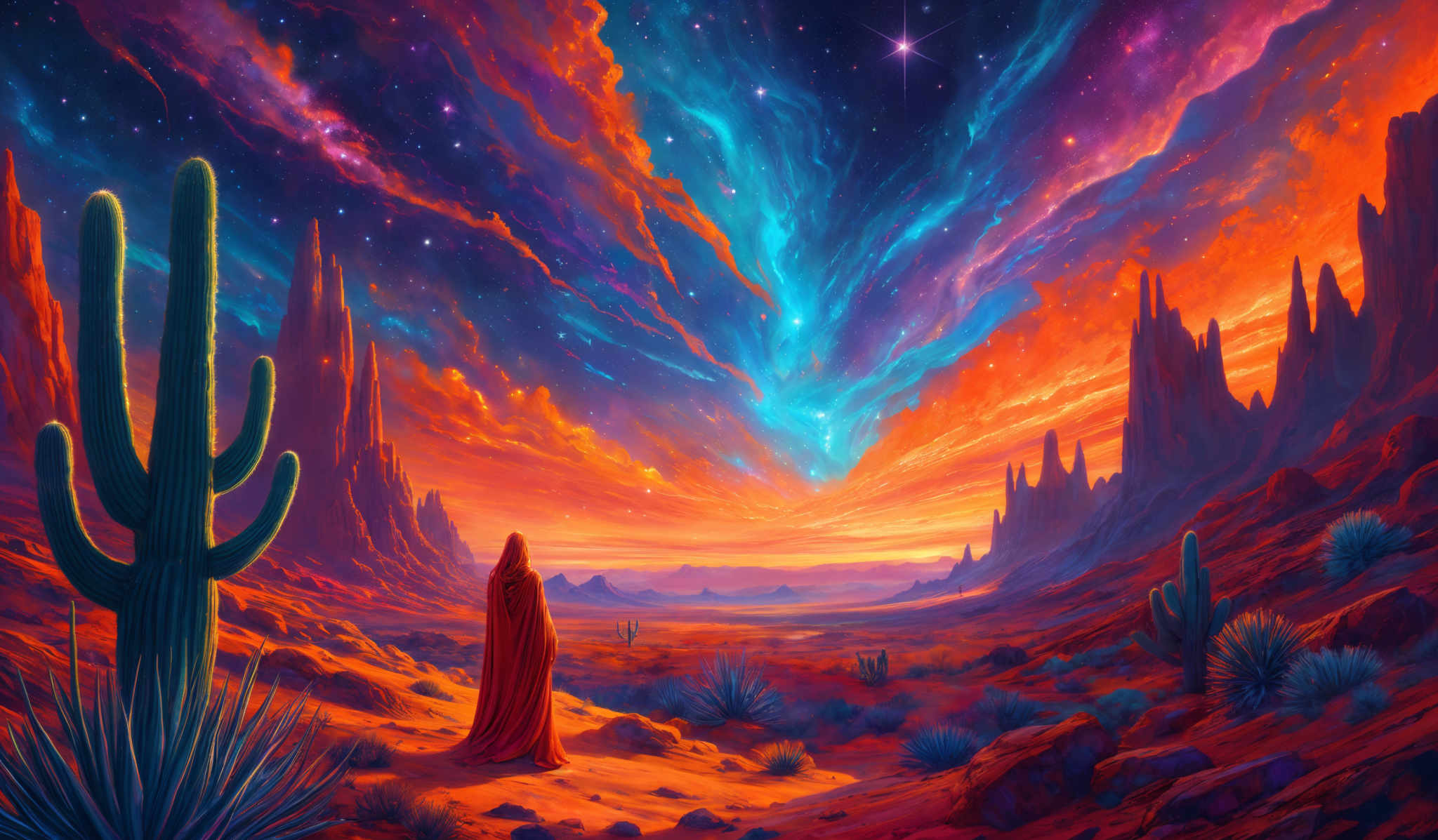 The image showcases a vibrant and surreal landscape. The sky is painted with a myriad of colors, including deep blues, fiery oranges, and radiant purples, creating an ethereal and cosmic appearance. The clouds in the sky are swirling and dynamic, giving the impression of a celestial event. The ground is dominated by rugged rock formations and cacti, indicative of a desert environment. In the foreground, there's a lone figure draped in a red cloak, standing and gazing at the mesmerizing view, adding a sense of scale and contemplation to the scene.