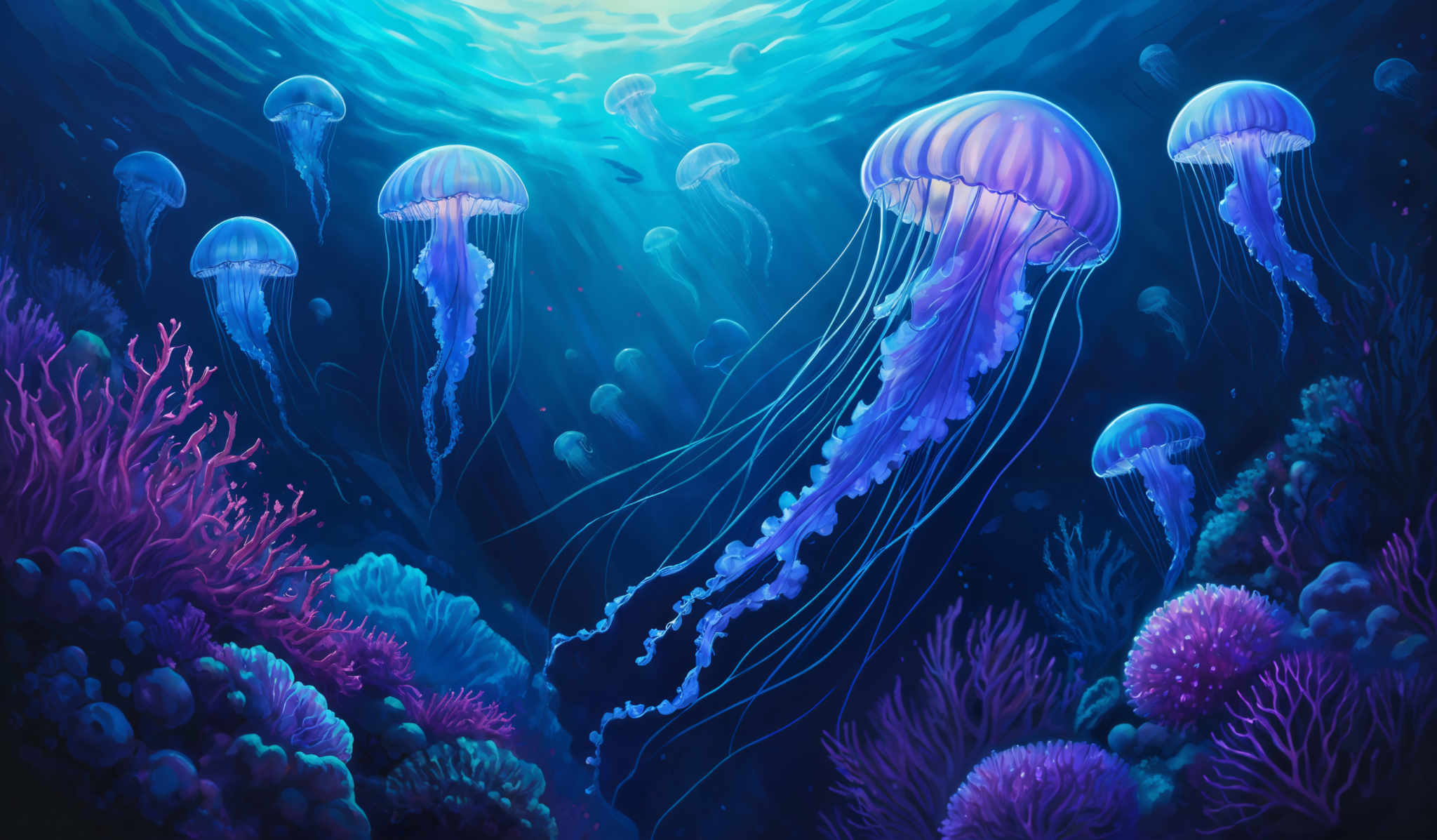 The image showcases a vibrant underwater scene. The dominant colors are various shades of blue, from deep navy to lighter turquoise, representing the depths of the ocean. The jellyfish are translucent with a luminescent quality, exhibiting hues of blue and purple. They have a bell-shaped top and long, flowing tentacles. The ocean floor is adorned with coral formations in shades ranging from purple to pink. The corals have intricate patterns and structures, giving them a dense and vivid appearance. The overall ambiance of the image is serene and mystical, capturing the beauty and mystery of the deep sea.