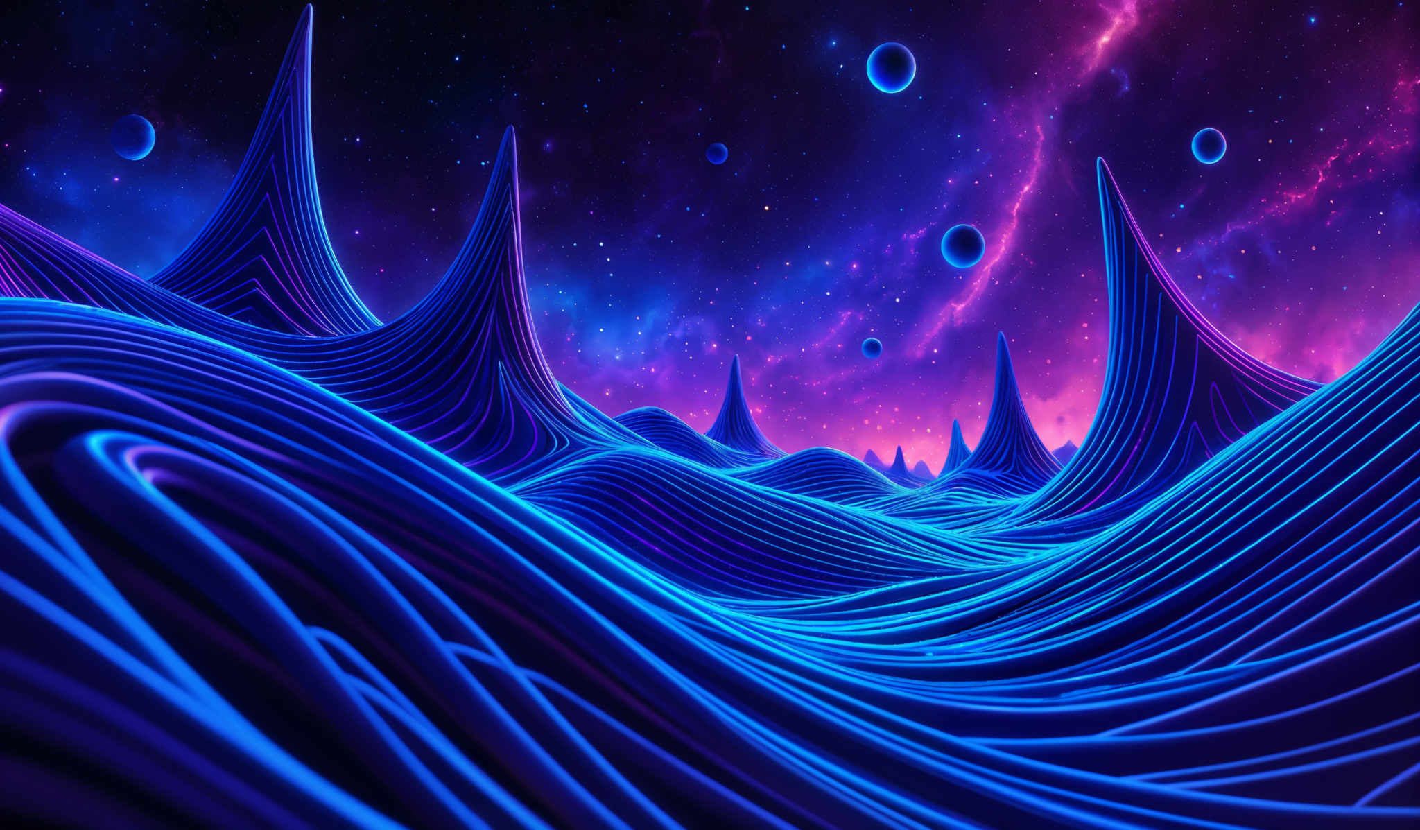 The image showcases a vibrant and mesmerizing cosmic landscape. It features undulating, wave-like structures in hues of blue and purple, reminiscent of abstract mountains or hills. These structures are set against a backdrop of a deep purple and blue nebula, dotted with numerous stars. Above the structures, there are several spherical celestial bodies, possibly planets or moons, floating against the starry expanse. The overall ambiance is one of wonder, mystery, and the vastness of the universe.