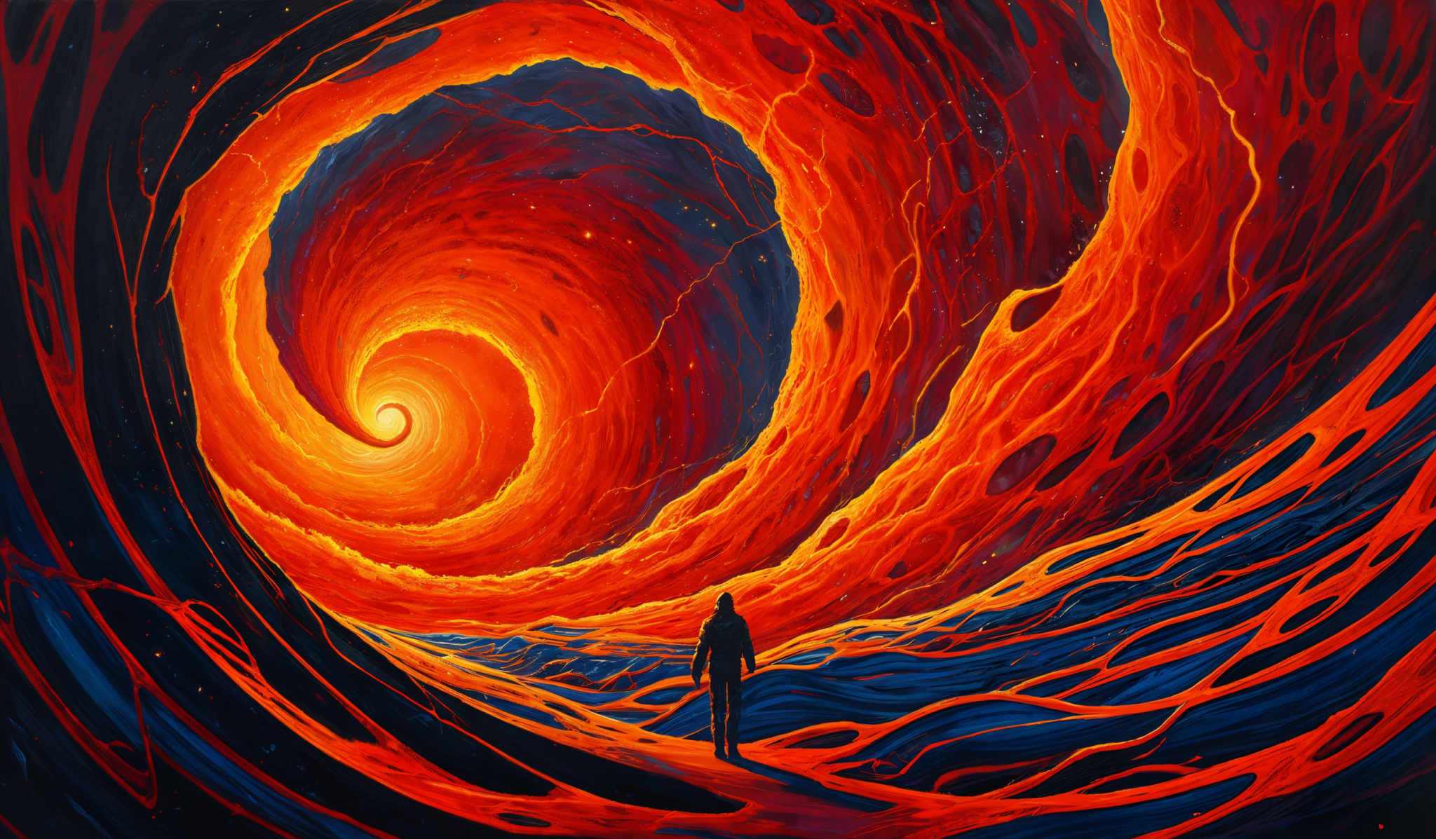 The image showcases a vibrant and mesmerizing scene of a swirling vortex or tunnel. The dominant colors are fiery reds, oranges, and deep blues. The swirled pattern gives an impression of molten lava or a cosmic vortex. At the center of the swirl, there's a bright, glowing orb, possibly representing a sun or a star. On the right side, there is a silhouette of a person standing, looking into the vortex, adding a sense of scale and wonder to the scene.