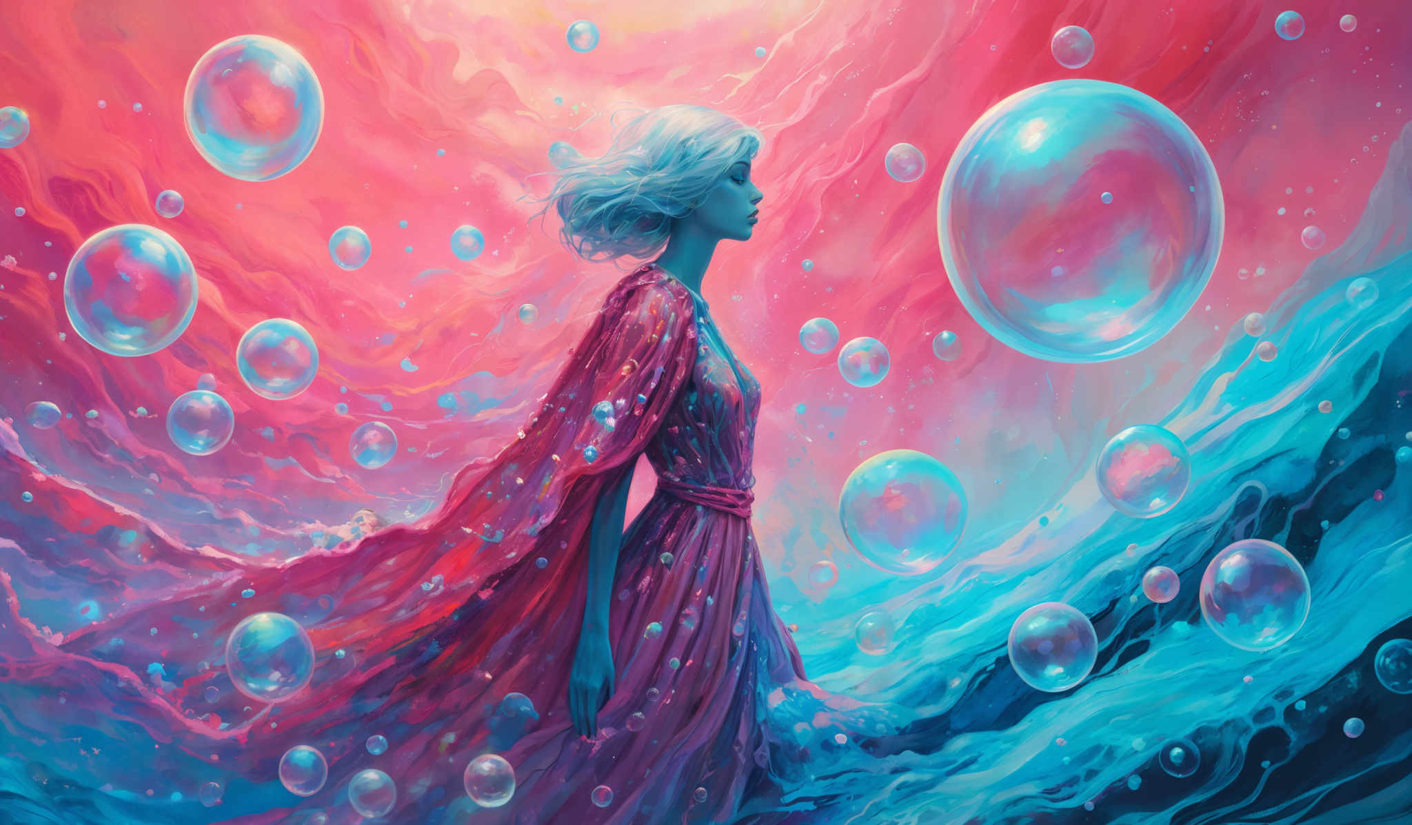 The image showcases a vibrant and ethereal scene. Dominating the background are swirling hues of pink, blue, and orange, creating an atmosphere reminiscent of a celestial or dreamlike setting. Floating amidst this backdrop are translucent, bubble-like orbs of varying sizes. These orbs are predominantly blue and are scattered throughout the image, some closer to the foreground and others receding into the distance. In the foremost part of the image stands a figure, seemingly a woman, with flowing white hair. She is draped in a long, flowing red gown that contrasts beautifully with the surrounding colors. The woman's profile is turned to the side, and she appears to be lost in thought or mesmerized by the surrounding environment.