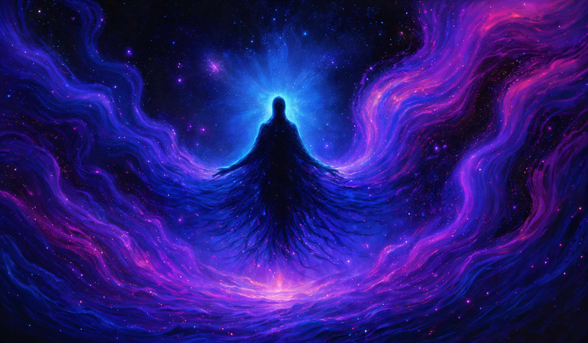 The image showcases a cosmic scene with swirling patterns of vibrant colors, predominantly shades of purple, blue, and pink. At the center, there's a silhouette of a figure, possibly a human, emanating a radiant blue light. This figure appears to be surrounded by a flowing, ethereal energy or aura. The background is filled with a deep space backdrop, dotted with stars and nebulae, adding to the otherworldly ambiance of the scene.