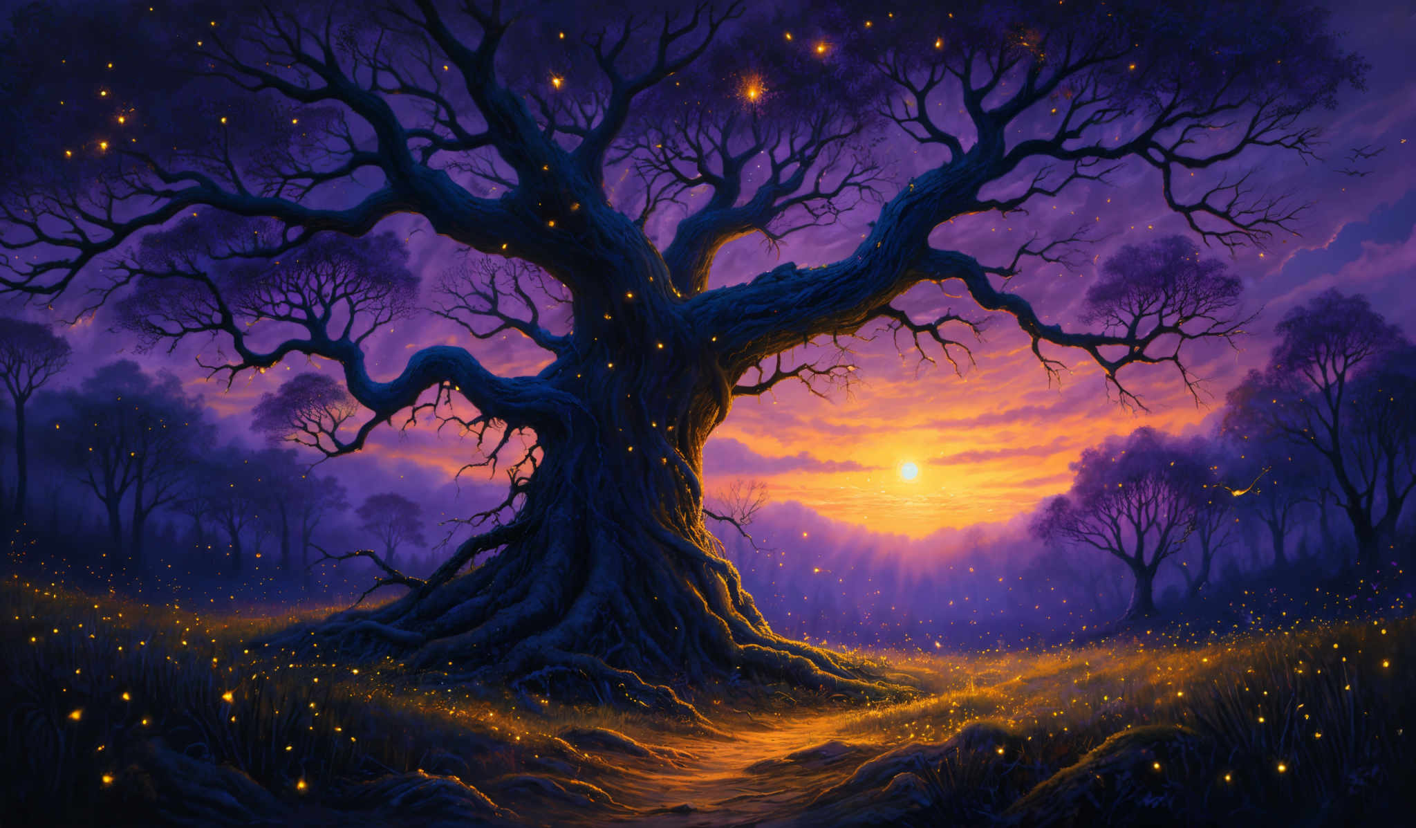 The image showcases a vibrant and mystical scene. The dominant colors are shades of purple, blue, and gold. The central figure is a large, twisted tree with sprawling branches, set against a backdrop of a purple-hued sky. The tree's roots are prominently displayed, and it stands tall amidst a field of glowing, golden-yellow flowers. The horizon reveals a setting or rising sun, casting a warm golden glow over the landscape. The overall ambiance is magical and serene, evoking feelings of wonder and tranquility.