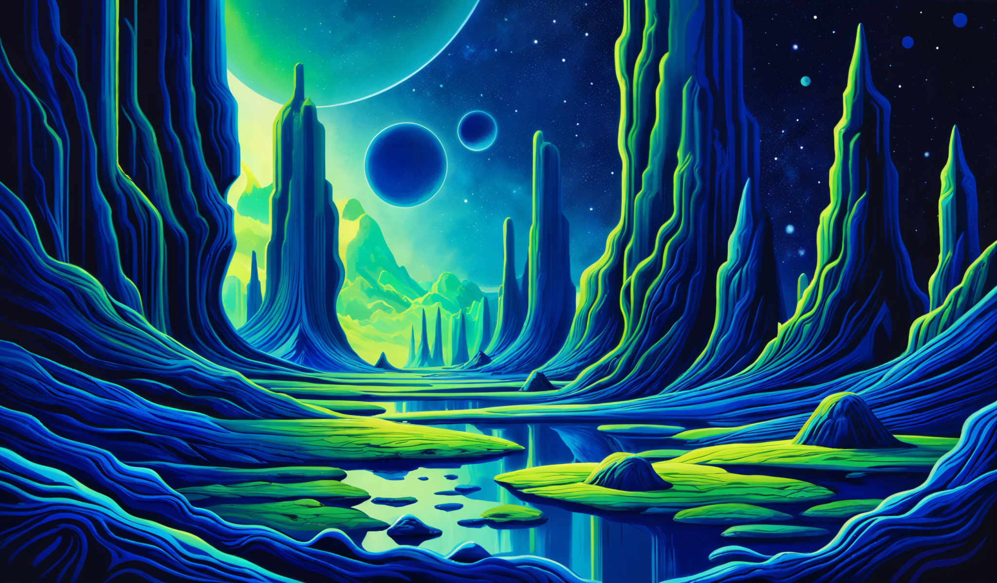 The image showcases a vibrant and surreal landscape. Dominated by deep blues and neon greens, the scene features towering rock formations that seem to be made of a luminescent material. These formations are surrounded by a serene body of water that reflects their glowing hues. Above, the sky is filled with a mesmerizing array of celestial bodies, including planets and stars, all set against a backdrop of a deep blue space. The overall ambiance of the image is otherworldly and dreamlike.