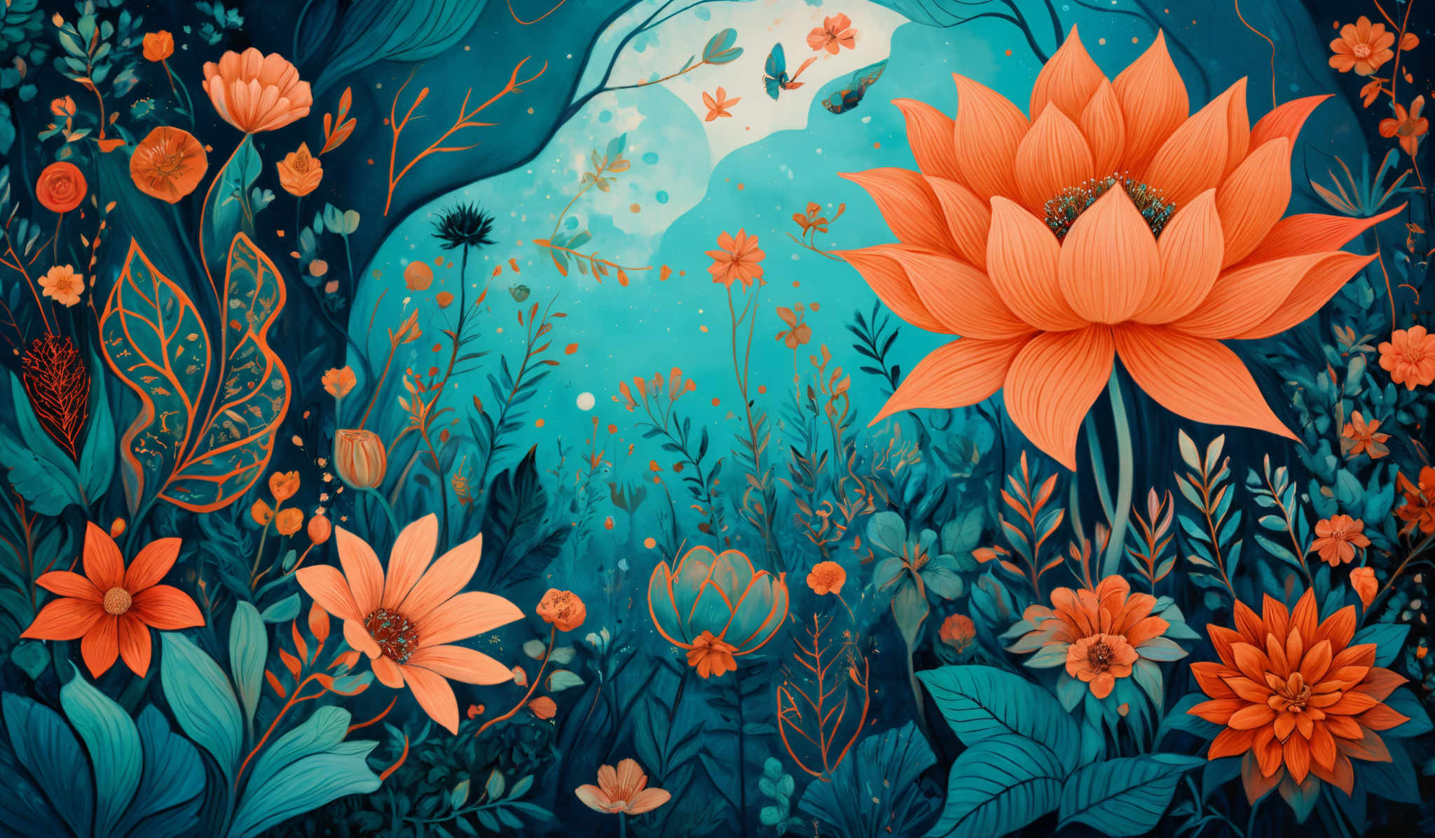 The image showcases a vibrant and detailed illustration of a fantastical garden. Dominating the scene is a large, radiant orange lotus flower with intricate details in its petals and center. Surrounding the lotus are various other flowers in shades of orange, pink, and blue. The leaves are depicted in shimmering blue hues, and there are butterflies fluttering around. The background is a deep blue, giving a sense of depth and mystery to the garden. The overall color palette is warm with pops of cool blue, creating a harmonious balance.