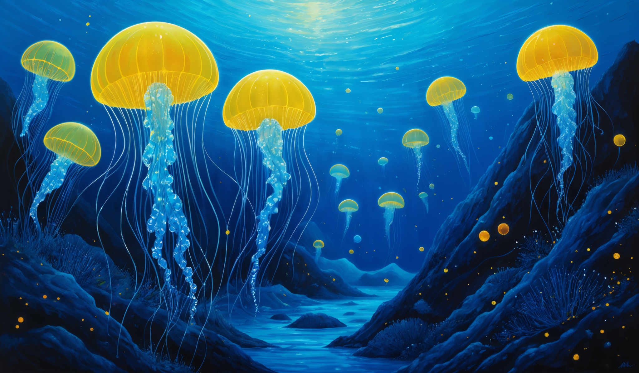 The image showcases a vibrant underwater scene dominated by a deep blue hue. Multiple jellyfish, with translucent, elongated bodies and luminous, golden-yellow tentacles, float gracefully in the water. The tentacles of some jelly fish have a luminescent quality, emitting a soft glow. The background depicts an ocean floor with rocky formations, and there are small, glowing orbs scattered throughout the scene. The water's surface is visible at the top, with light rays filtering through, creating a mesmerizing effect.