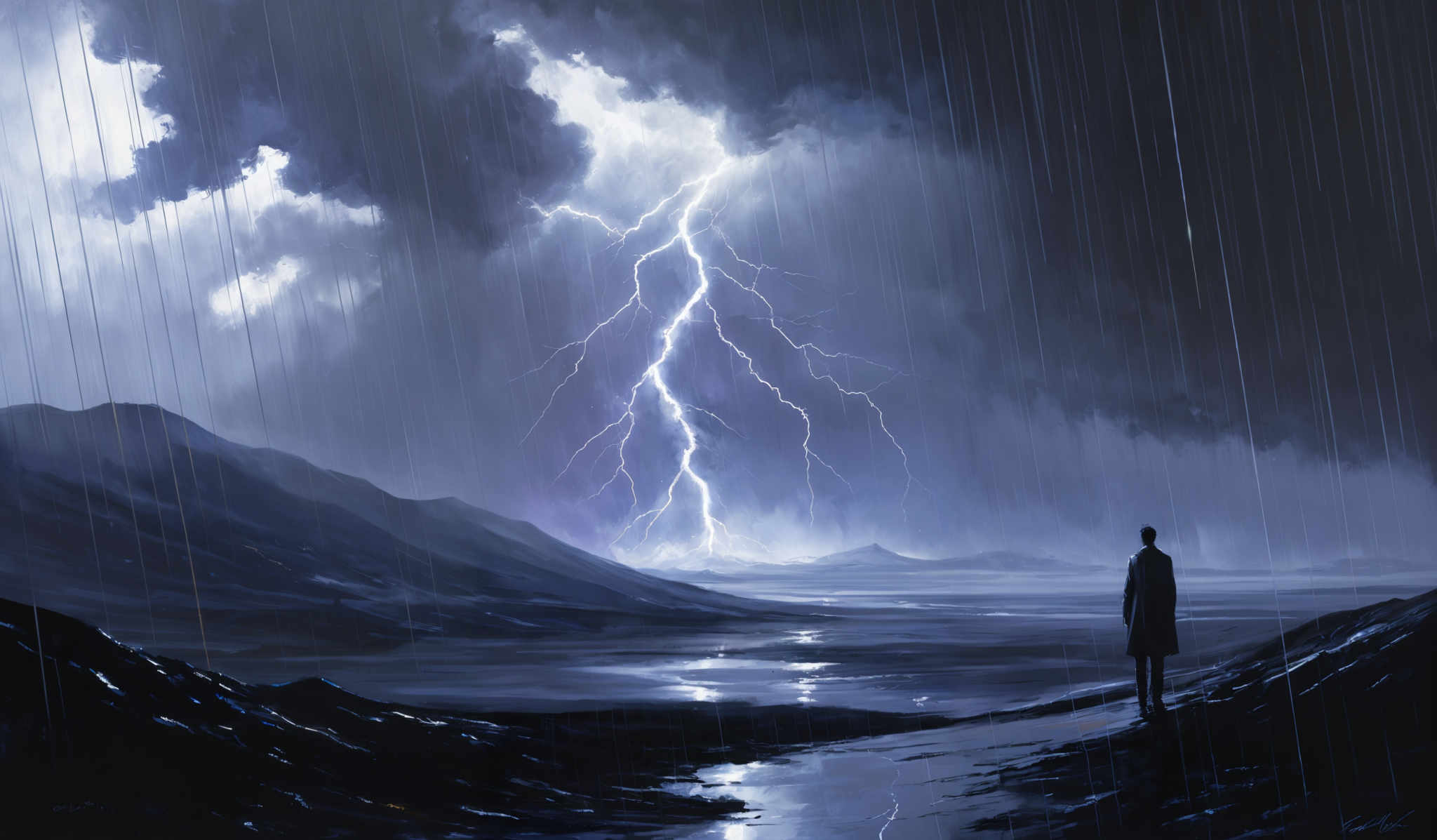 The image predominantly features shades of blue, gray, and white. The sky is filled with dark, stormy clouds, and a vibrant streak of lightning cuts through them. The landscape below consists of rolling hills and a vast expanse of water, reflecting the light from the sky. A solitary figure stands on the right side of the image, looking out at the scene, adding a sense of scale and contemplation. The overall mood of the picture is dramatic and intense, capturing the raw power and beauty of nature.