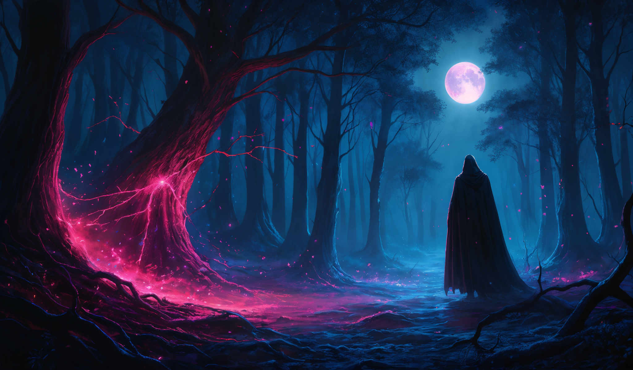 The image showcases a dark, enigmatic forest with tall, slender trees. The ground is covered with fallen leaves and there's a misty ambiance. A bright, glowing moon illuminates the scene, casting a soft light on the forest floor. The trees have a unique, almost ethereal quality, with their branches reaching out in various directions. On the right side, there' s a figure draped in a cloak, standing still and looking into the distance. The forest floor is speckled with bright, fiery red and pink lights, possibly representing some form of magical or supernatural energy.