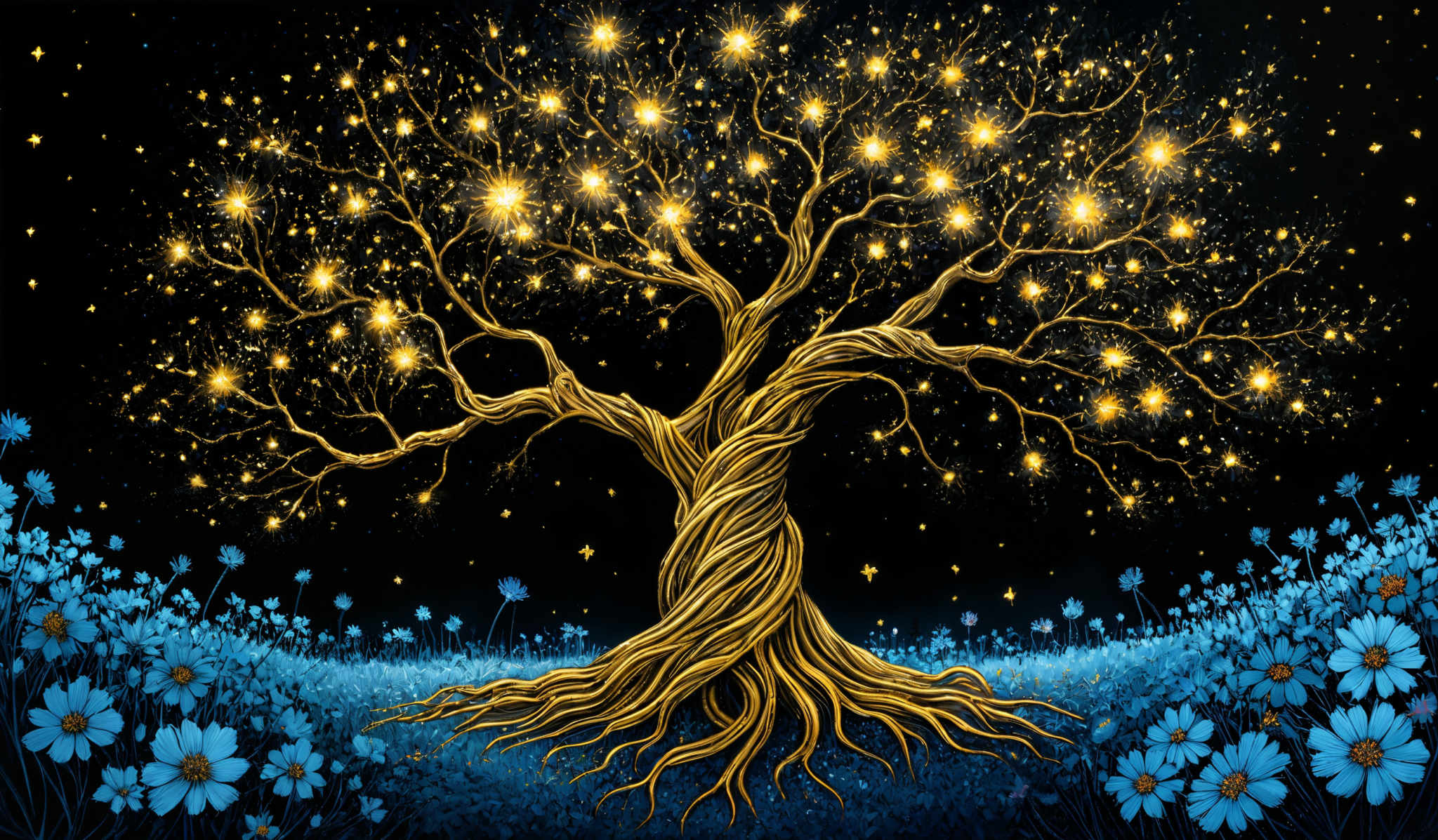 The image showcases a golden tree with twisted and intertwined branches. The tree is set against a dark, starry night sky. The branches of the tree are adorned with shining, golden stars that seem to emanate a radiant glow. Below the tree, there's a field of blue flowers that contrast beautifully with the dark background. The roots of the trees are intricately woven, and they seem to be spreading out, intertwining with the blue flowers.