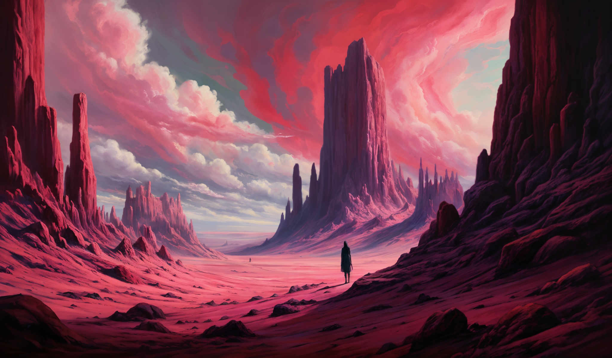 The image showcases a surreal landscape dominated by towering rock formations that resemble mesas or buttes. These formations are predominantly in shades of red and purple, with intricate textures suggesting erosion and age. The sky above is a vibrant mix of pink, red, and white, with swirling clouds that seem to blend into the rock formulations. There's a lone figure in the foreground, standing and gazing at the vastness of the landscape, adding a sense of scale and contemplation to the scene. The ground is uneven with scattered rocks and a reddish hue, mirroring the colors of the sky and the rock structures.