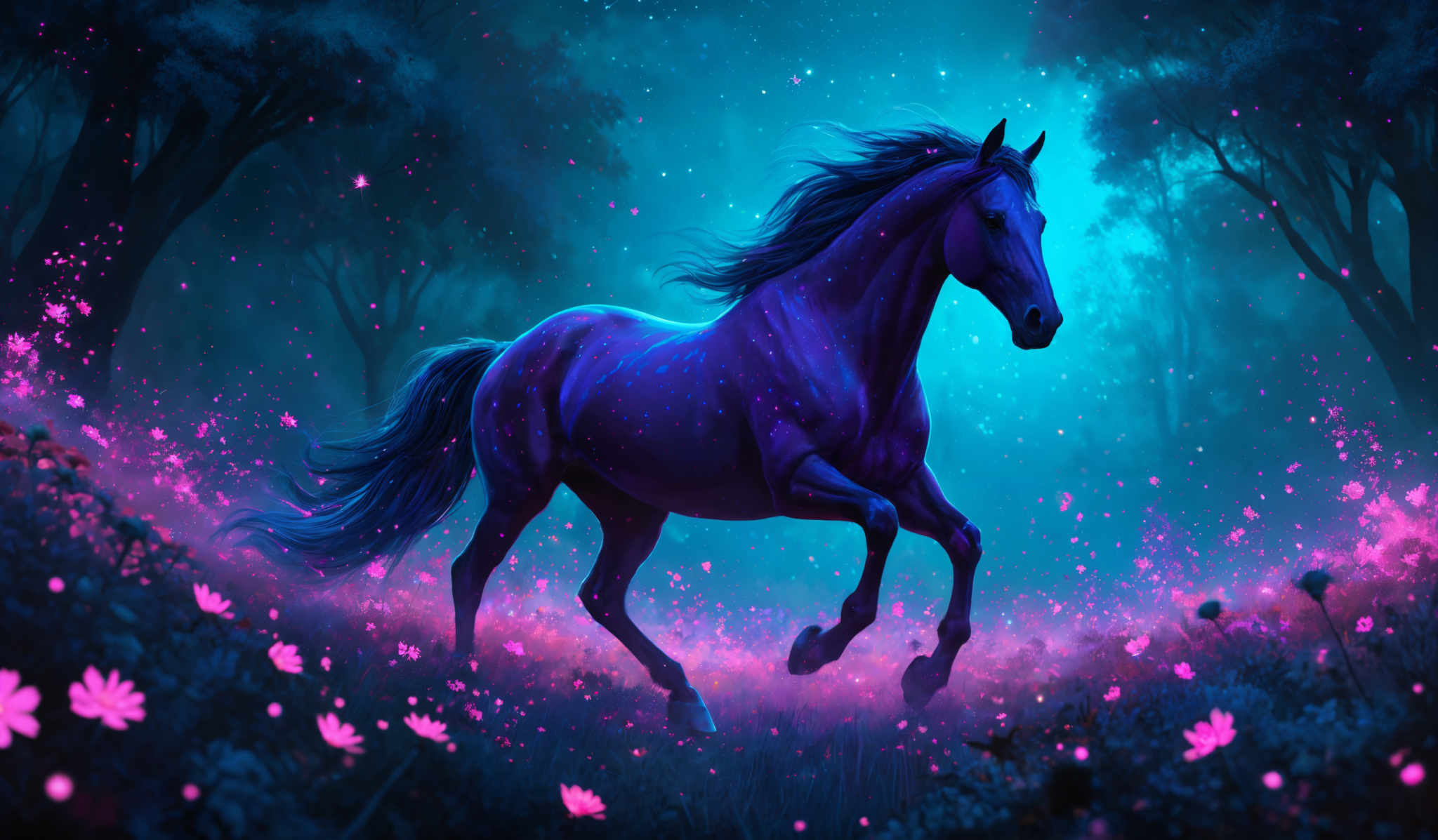 The image showcases a vibrant and mystical scene. The dominant colors are shades of blue, purple, and pink. The horse, which is the central figure, is depicted in a deep blue hue, with its mane and tail flowing dynamically. The background is filled with a forest setting, illuminated by a blueish glow, possibly from the moon or some other celestial body. The ground is adorned with vibrantly colored flowers, predominantly pink, that seem to be glowing or reflecting the light from above. The overall ambiance of the image is magical and ethereal.