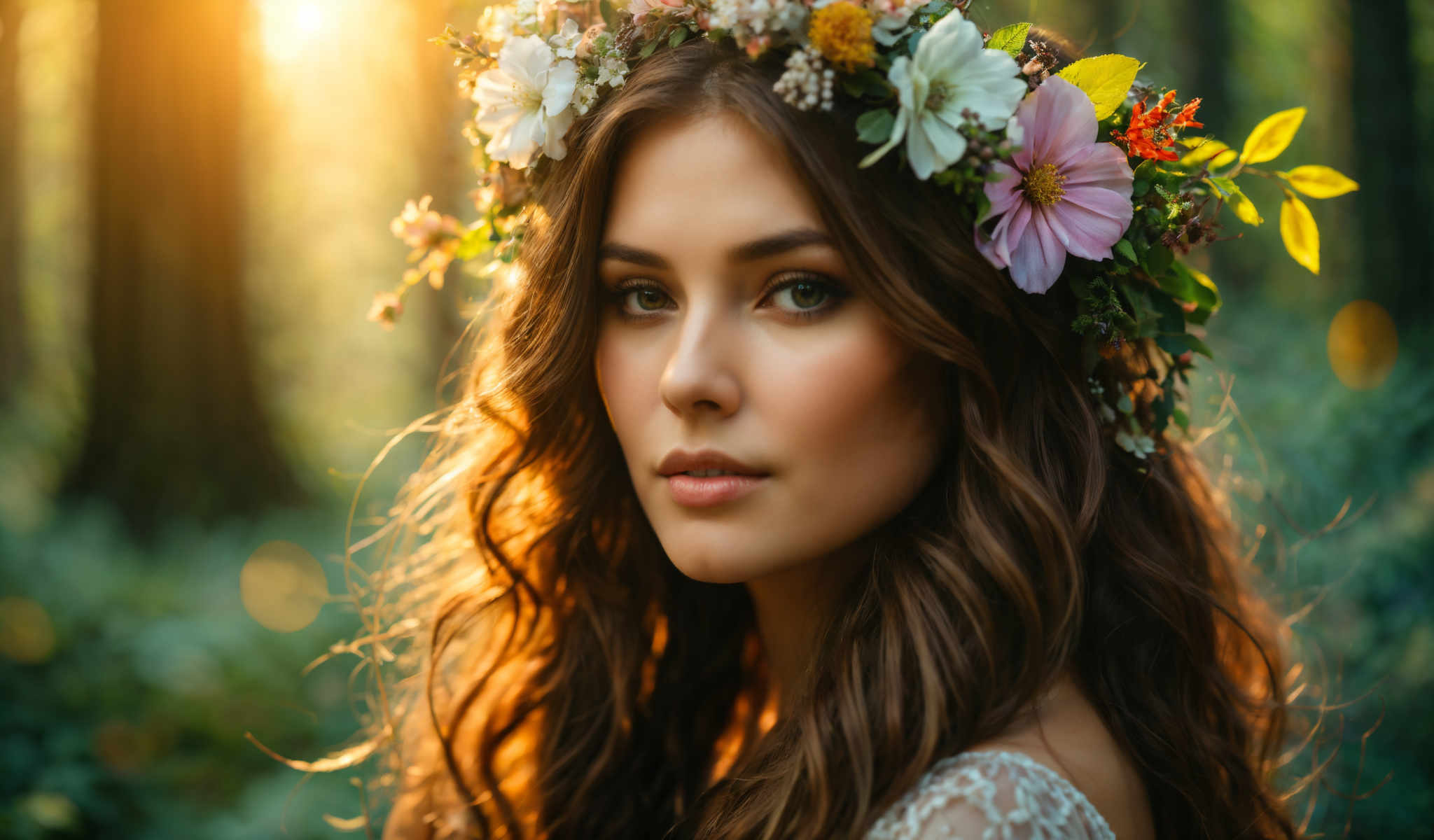 A woman with long brown hair and a flower crown is looking at the camera.