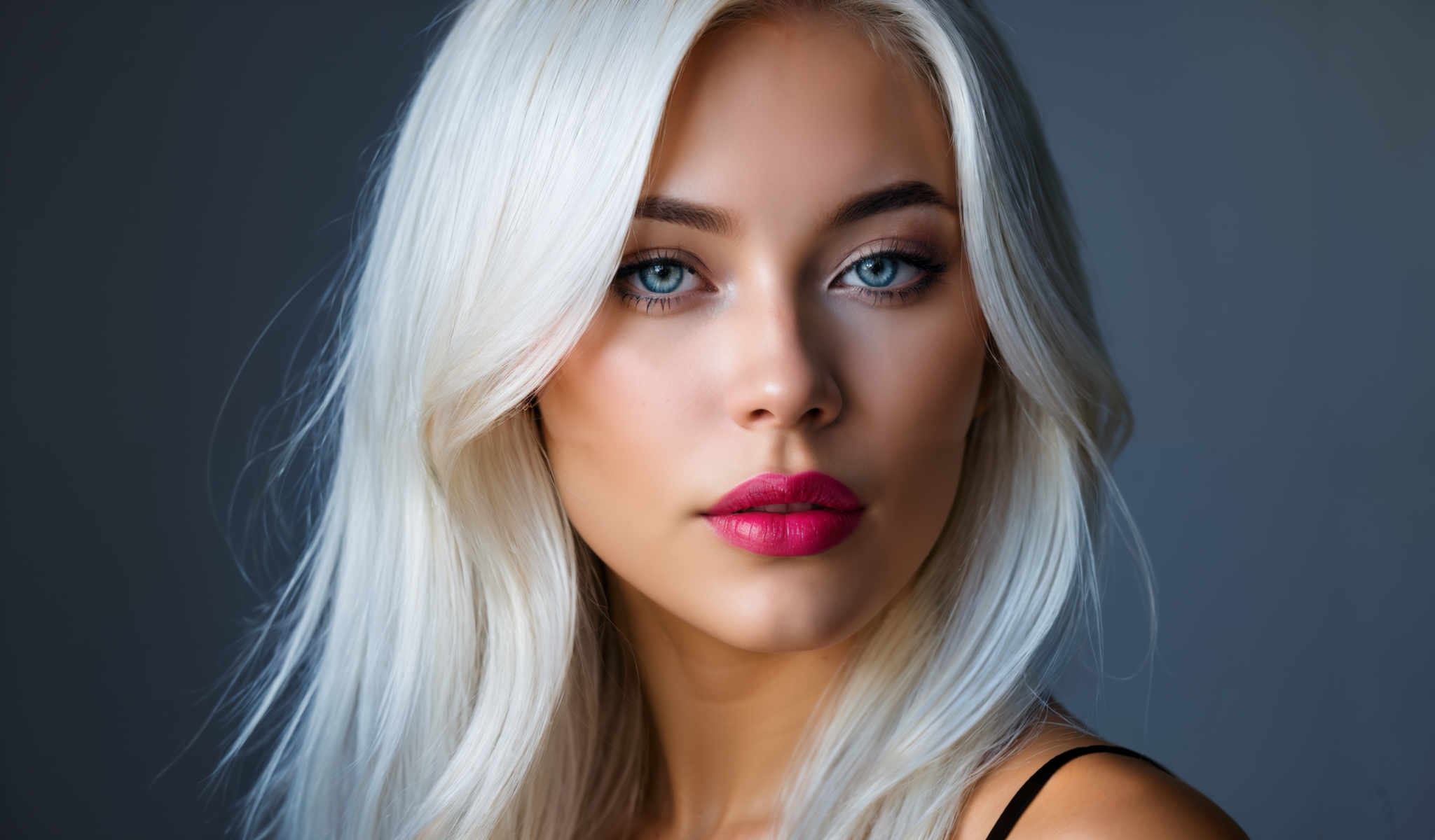 The image features a young woman with blonde hair and striking blue eyes. She is wearing a black tank top and has a pink lipstick on. Her gaze is directed straight at the camera creating a sense of direct engagement with the viewer. The background is a solid blue color which contrasts with her blonde hair making her the focal point of the image. The image does not contain any text or other discernible objects. The woman's position in the image and her direct gaze suggest that she is the main subject of this photograph. The simplicity of the background further emphasizes her presence in the frame. The overall composition of the photo is balanced with the woman centrally positioned. The colors objects and their arrangement in the photo create a visually appealing image.