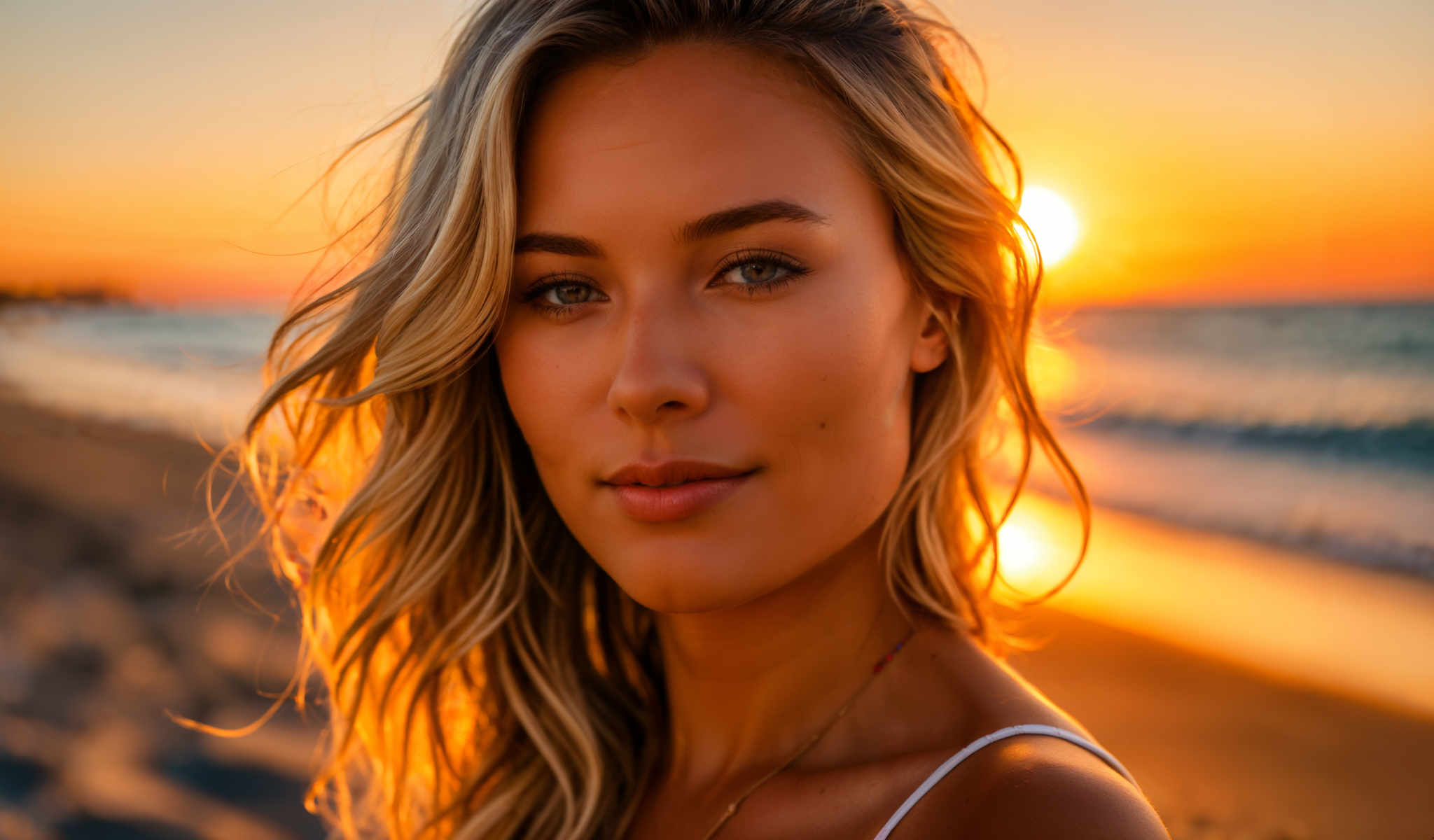 The image captures a young woman with blonde hair standing on a beach at sunset. She is wearing a white tank top and is looking directly at the camera. The sun is setting in the background casting a warm glow on the scene. The woman's position on the beach and her direct gaze into the camera suggest she is the main subject of this image. The sunset and the beach setting provide a serene and tranquil backdrop. The image does not contain any text or other discernible objects. The relative position of the woman to the sunset indicates she is standing some distance away from the water's edge. The overall composition of the image suggests a peaceful and relaxing atmosphere.