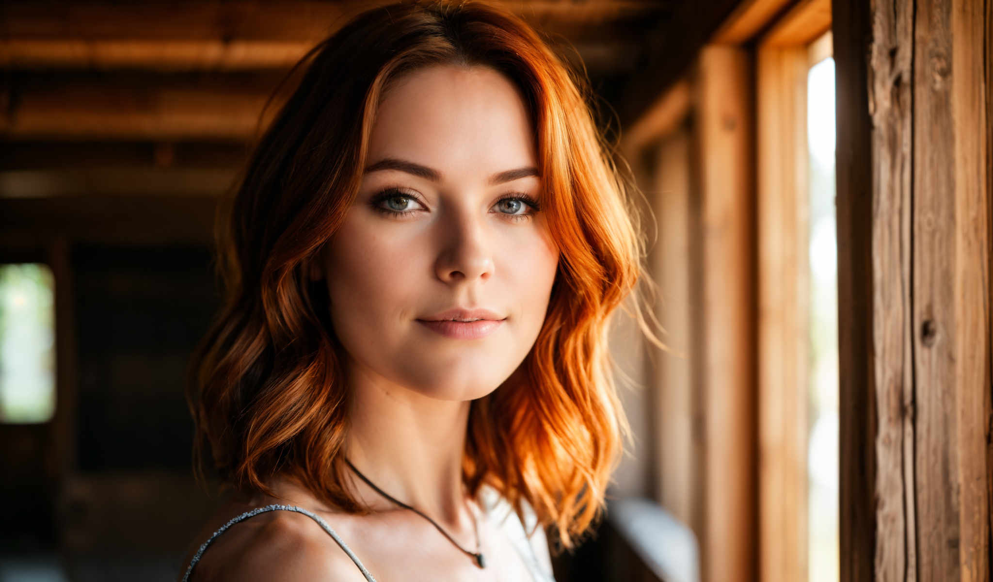 The image captures a young woman with vibrant red hair who is the central figure in the frame. She is wearing a white tank top which contrasts with her fiery hair. Her gaze is directed off to the side giving her a thoughtful and introspective expression. The background is a wooden structure providing a rustic and warm backdrop to the scene. The woman's position in the image and her direct gaze into the camera create a sense of connection with the viewer. The image does not contain any text or other discernible objects. The overall composition of the image places the woman as the focal point with the wooden structure serving as a simple uncluttered background.