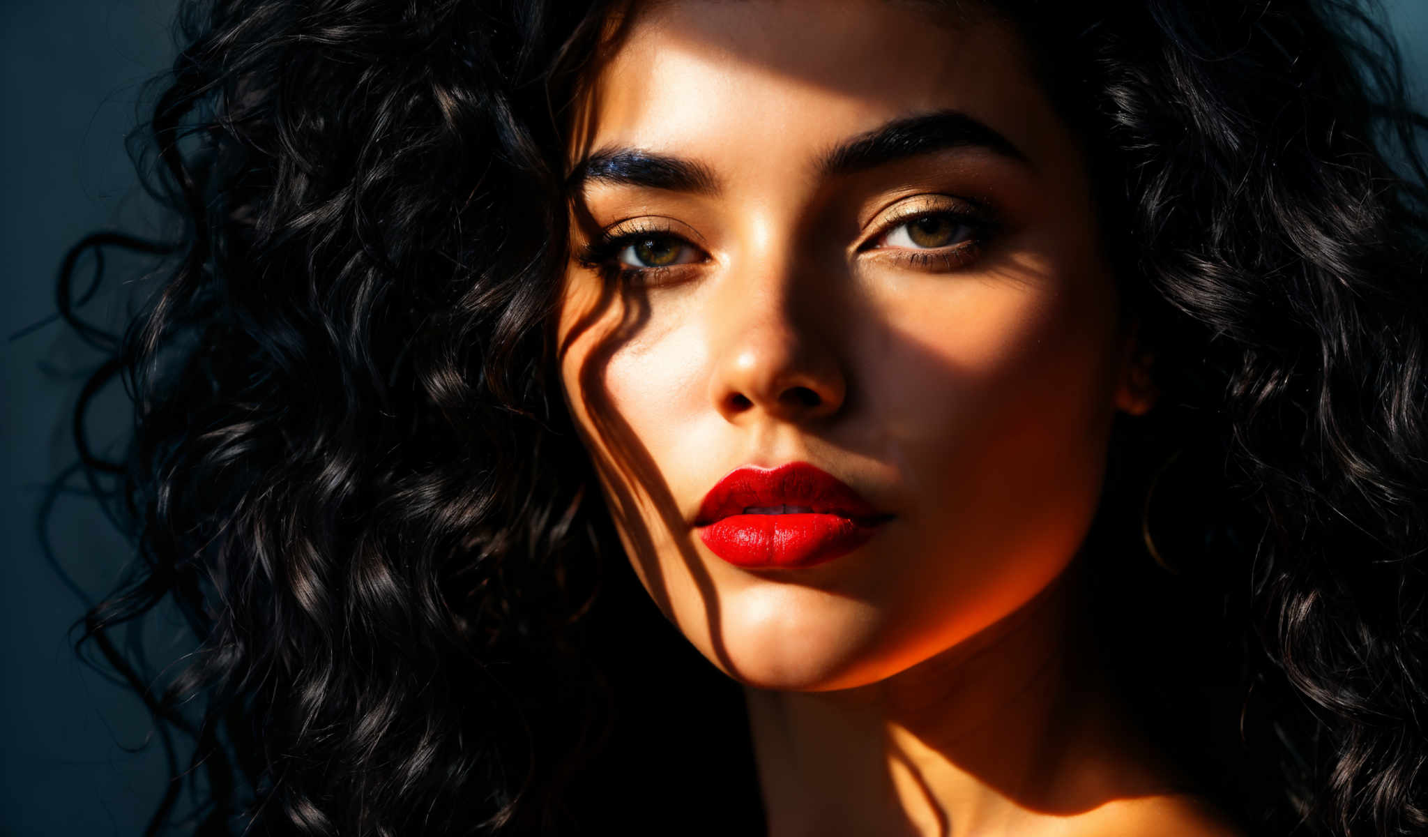 The image features a young woman with long dark hair. She is wearing red lipstick and has striking blue eyes. The photo is taken from a low angle looking up at her face which is the main focus of the image. The background is blurred and indistinct drawing attention to the woman's face. The lighting is natural and bright illuminating her features and casting shadows on her face. There are no other discernible objects or text in the image and the woman appears to be the sole subject of the photograph. The relative position of the woman to the background suggests she is in the foreground of the scene. The image does not provide any additional context or information about the woman or her surroundings.