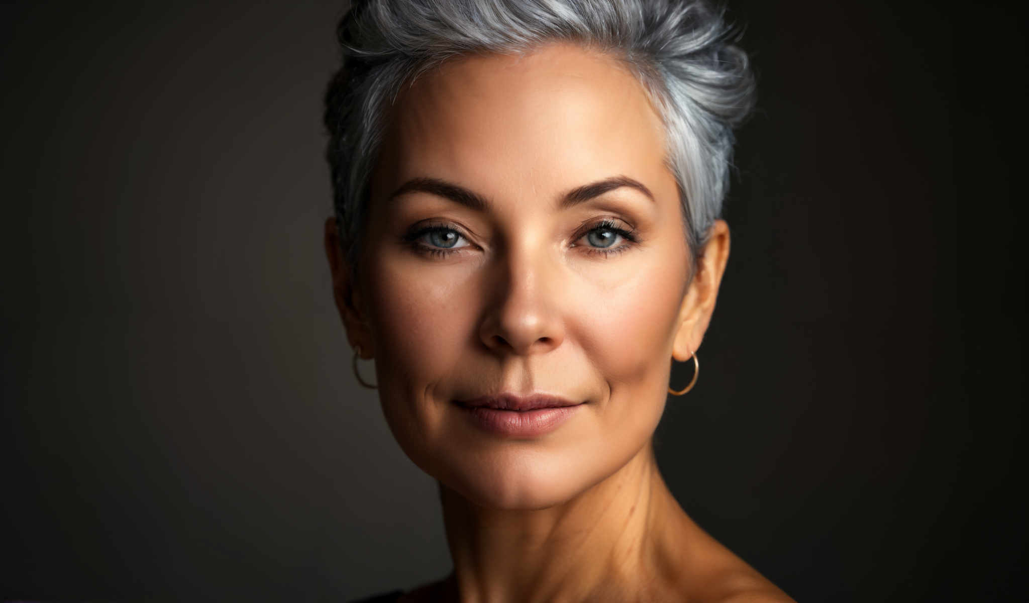 The image features a woman with short gray hair. She is wearing gold hoop earrings and a black top. Her gaze is directed straight at the camera and she has a slight smile on her face. The background is a dark gray color providing a stark contrast to the woman's appearance. The image does not contain any text or other discernible objects. The woman's position in the frame and her direct gaze give the impression that she is the main subject of the photograph. The simplicity of the image allows the viewer to focus solely on the woman and her expression.