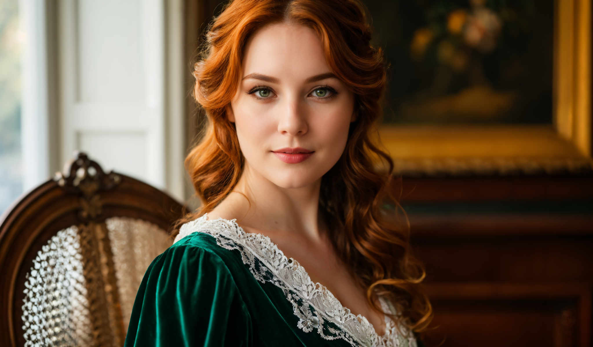 The image features a young woman with red hair wearing a green dress with a white lace collar. She is standing in front of a white wall with a painting. The woman's gaze is directed off to the side and she has a slight smile on her face. The painting on the wall is of a landscape. The overall scene suggests a calm and serene atmosphere.