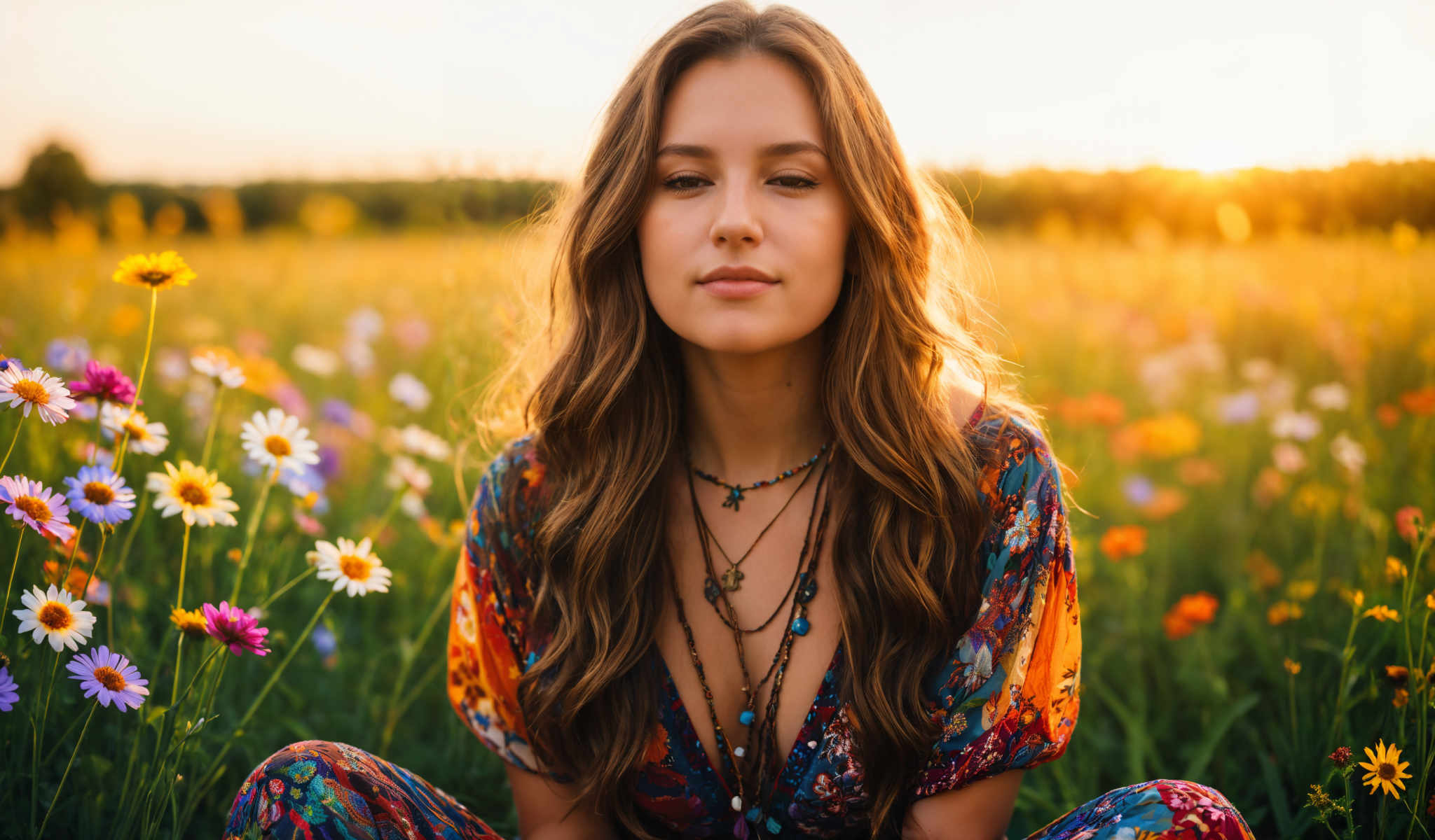 The image features a young woman with long brown hair wearing a colorful dress and a necklace. She is sitting in a field of flowers and looking off to the side.