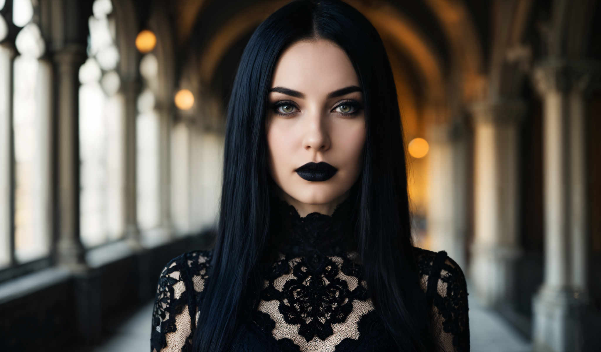 A woman with long black hair and black lipstick.