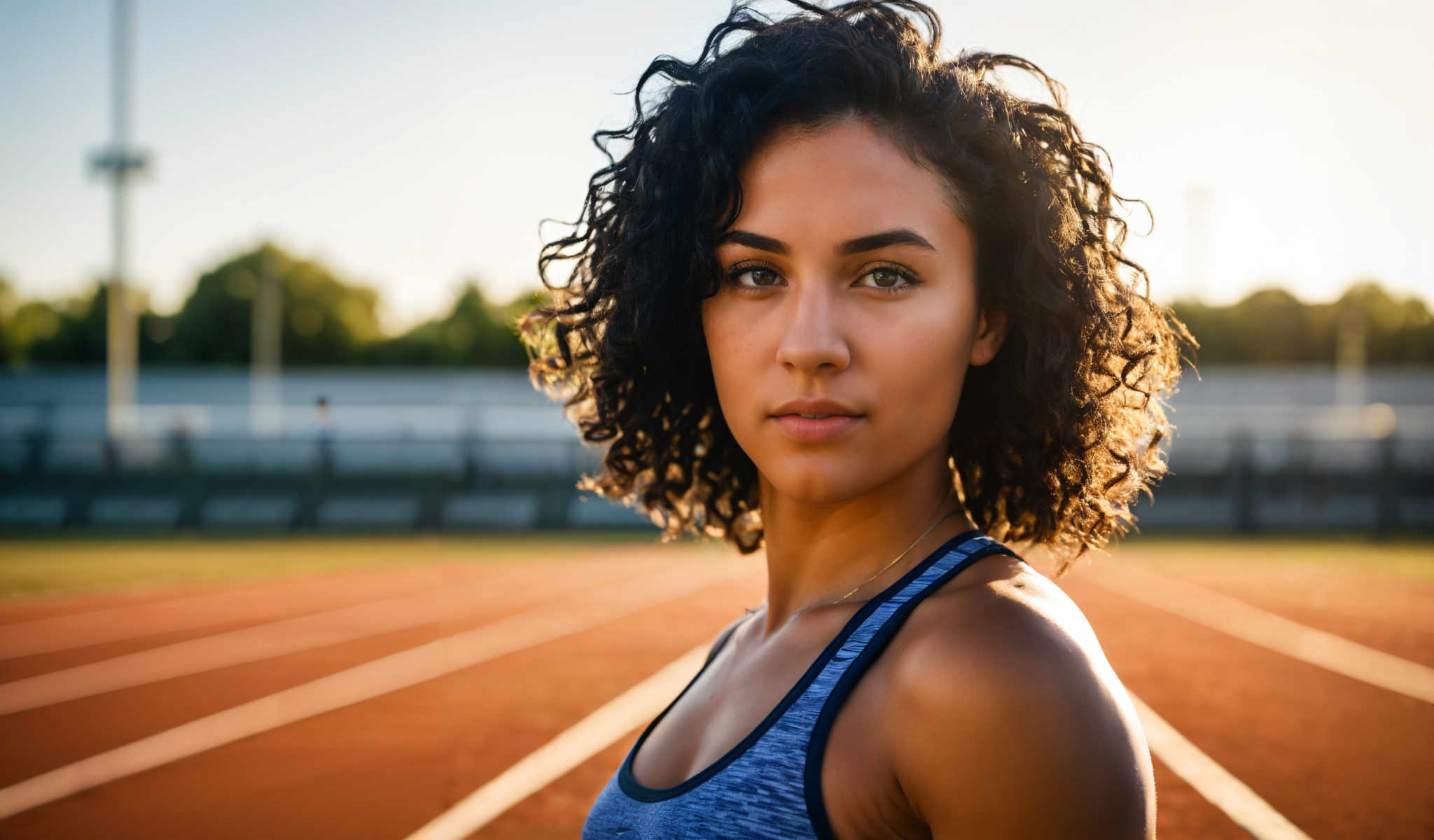 The image captures a young woman with curly hair standing on a tennis court. She is wearing a blue tank top and her gaze is directed off to the side. The court is surrounded by a fence and there are trees visible in the background. The photo is taken from a low angle giving the woman a towering presence. The image does not contain any text.