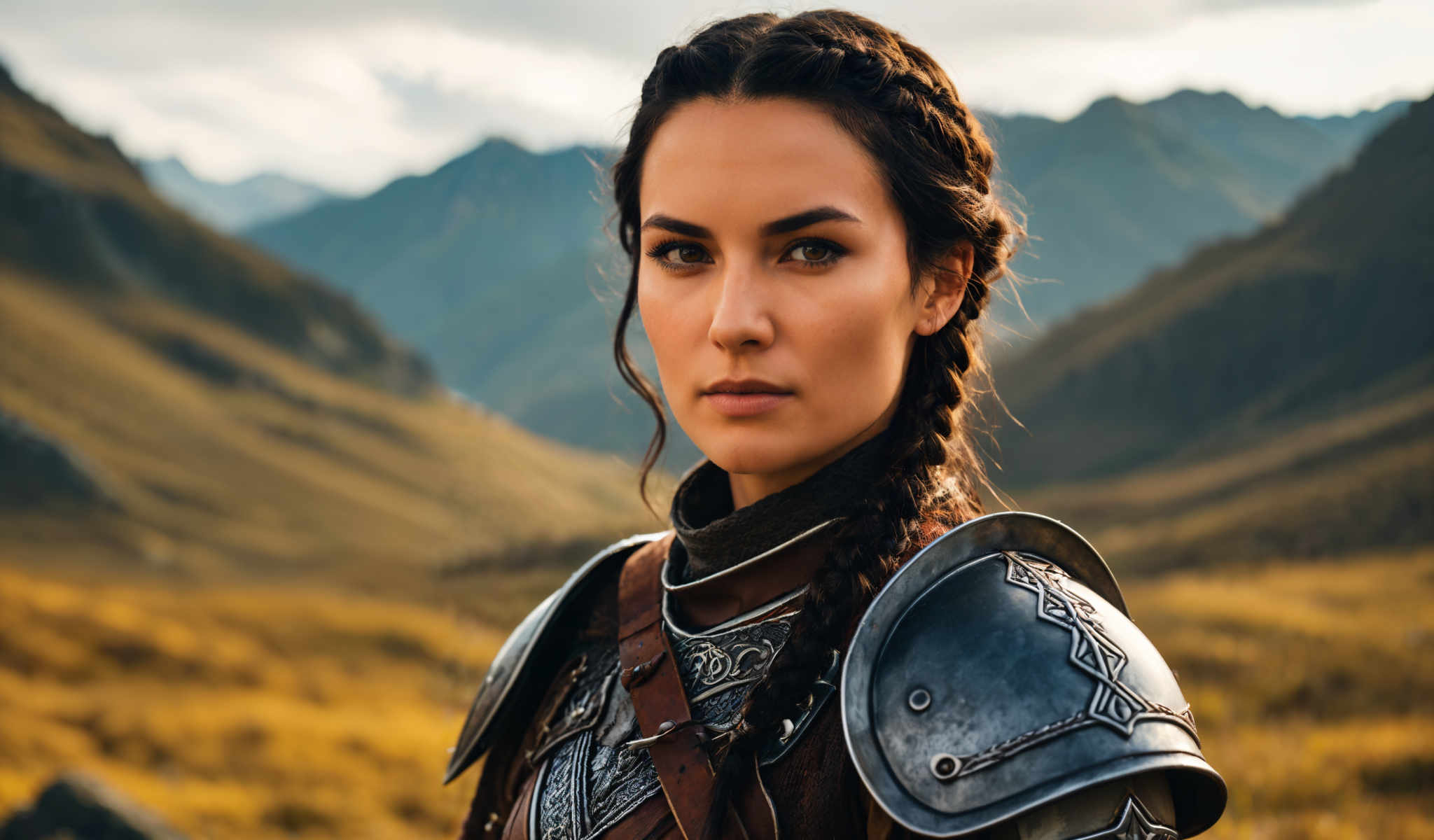 The image features a woman in a medieval costume. She is wearing a helmet with a chainmail neck guard and a brown leather chest plate. Her hair is styled in a braid. She stands in front of a mountainous landscape.