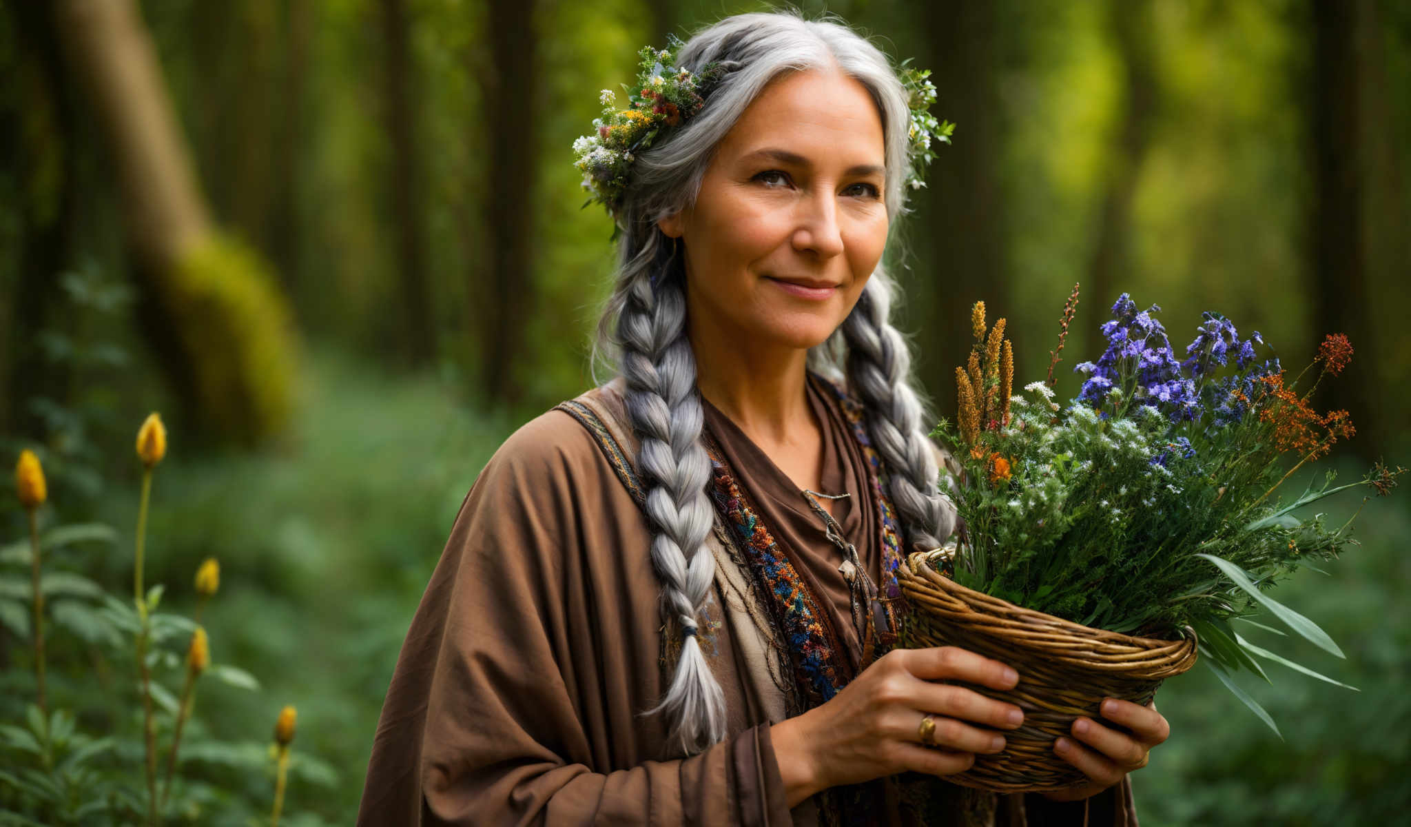 A woman with gray hair and a flower crown is holding a basket of flowers.