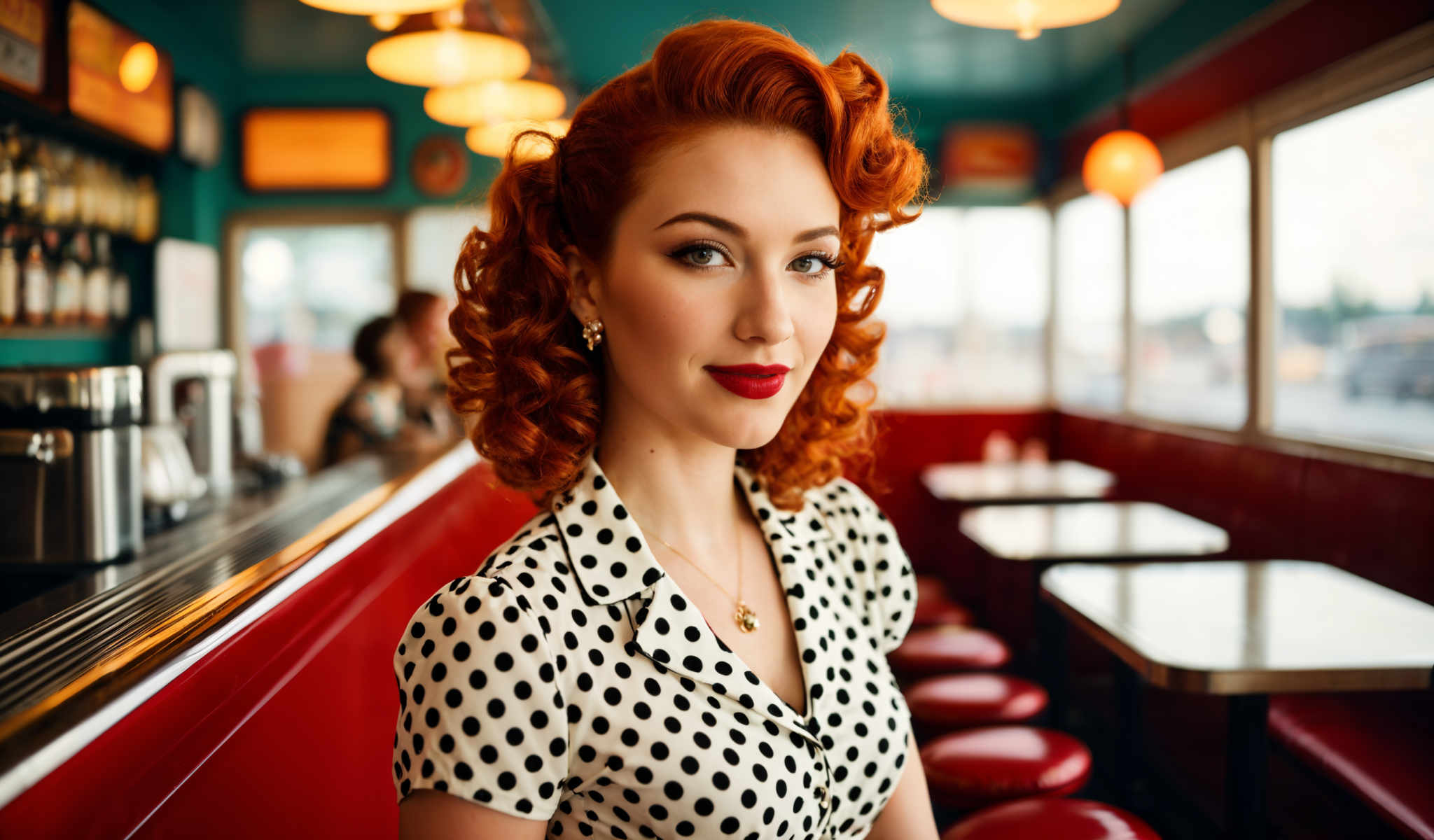 A woman with red hair and a polka dot dress is sitting in a diner booth.