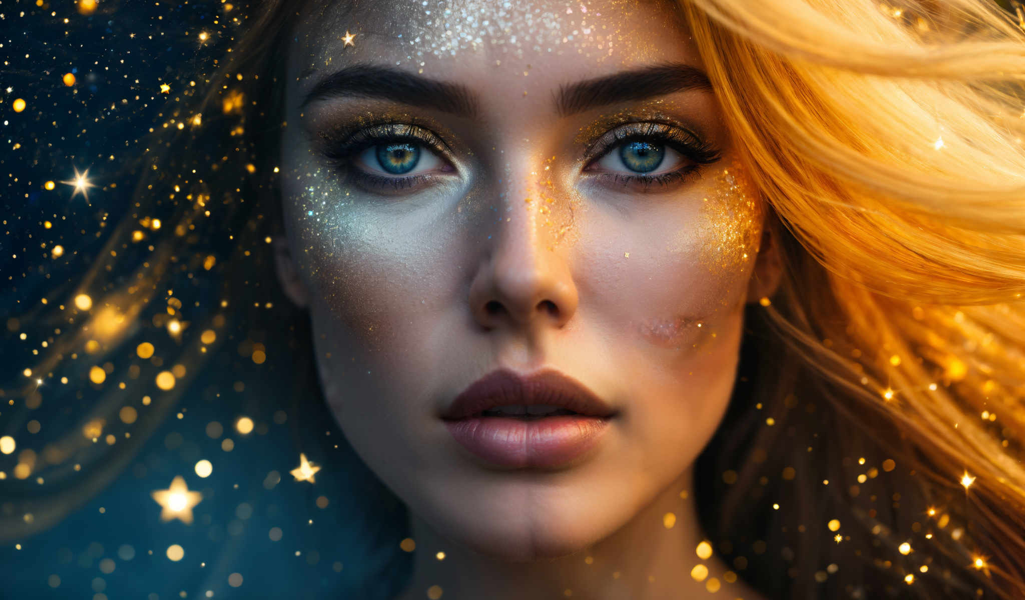 The image features a woman with blonde hair and blue eyes. She is wearing a gold glittery makeup that covers her face and neck. The background is a dark blue color with gold glitter particles scattered throughout. The woman is looking directly at the camera creating a sense of connection with the viewer. The overall composition of the image suggests a festive or celebratory occasion.