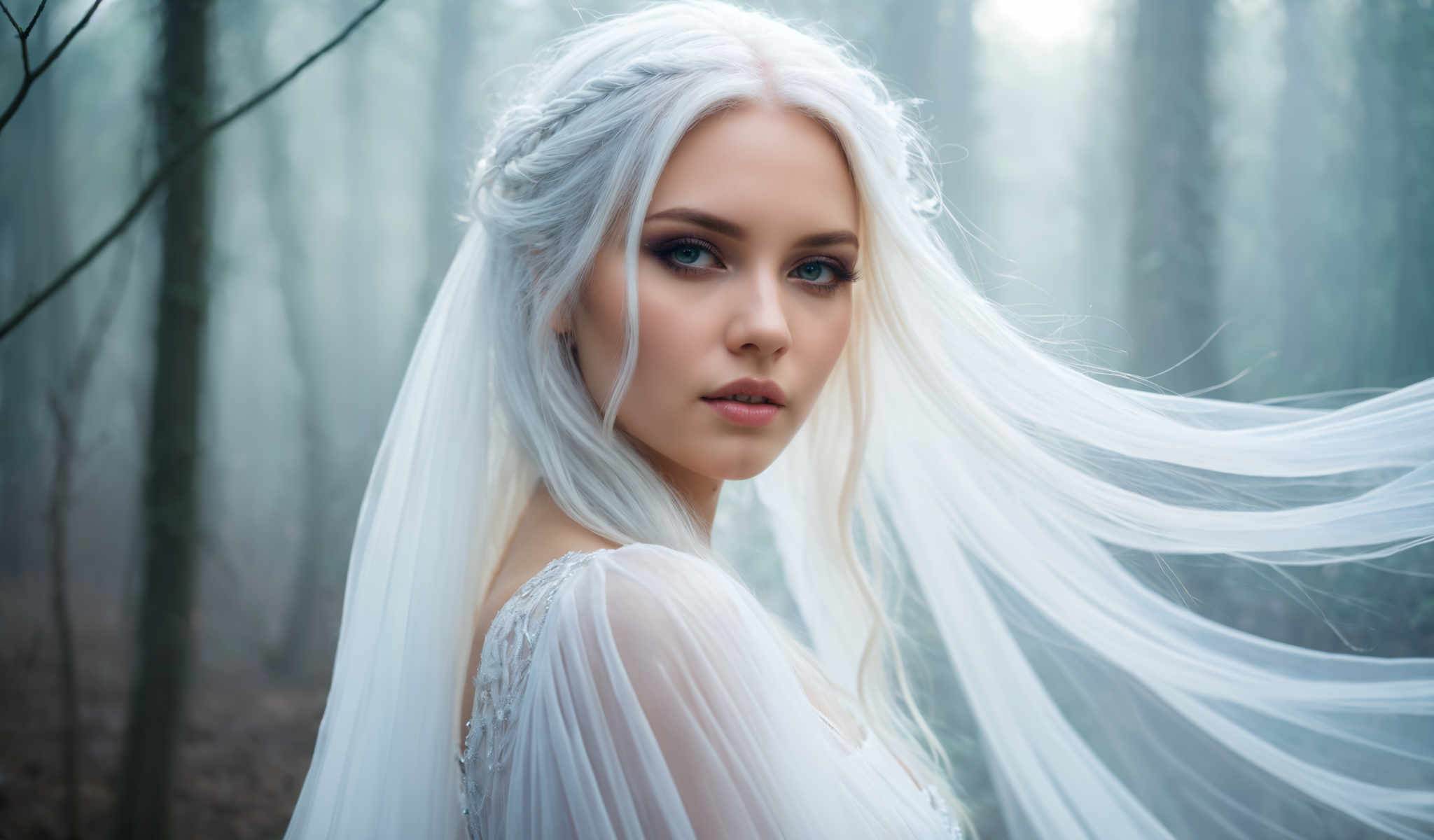 A woman with white hair and a white dress.