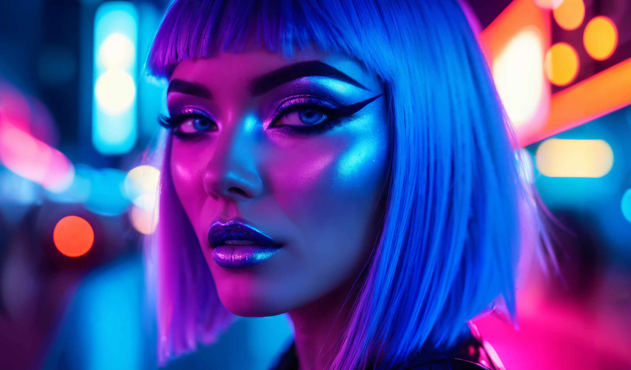 The image features a woman with blue hair and blue eye shadow. She is wearing a black top. The background is a vibrant mix of purple and blue lights. The woman is looking directly at the camera giving the impression of a close-up shot. The image does not contain any text. The relative position of the objects is such that the woman is in the foreground with the colorful lights in the background. The colors in the image are predominantly blue and purple. The number of objects in the photo is limited to the woman and the background lights. There are no other discernible objects in this image. The actions in the scene are static with the woman appearing to be in a still pose. The precise locations of the woman or the background are not specified in the description. The text "sa_1221" does not appear in the context of this image description.