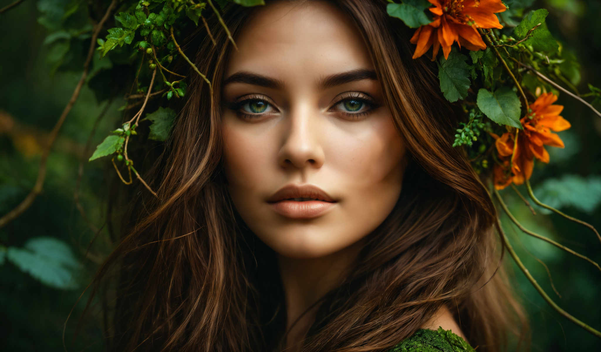 The image features a young woman with long brown hair. She is adorned with a flower crown adding a touch of nature to her appearance. Her gaze is directed straight at the camera creating a sense of connection with the viewer. The background is a blur of greenery suggesting that the photo was taken outdoors. The woman's expression is neutral and she is wearing a simple necklace. The overall composition of the image places the woman as the central focus with the surrounding elements serving to enhance her presence.