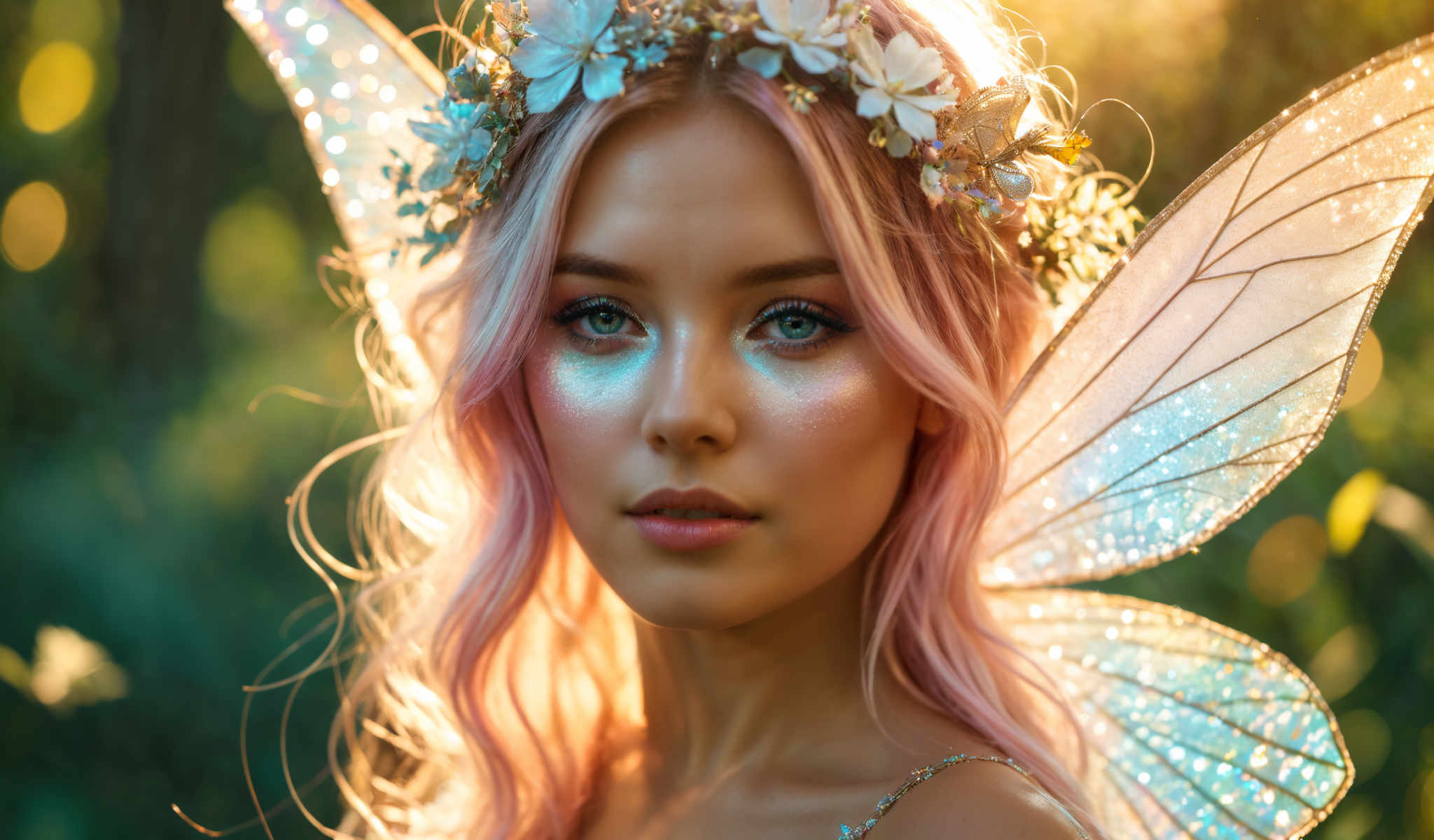 The image features a young woman with pink hair who is wearing a crown of white flowers. She is also adorned with a pair of wings which are decorated with blue and white flowers and leaves. The woman is dressed in a blue and gold dress and she is wearing blue and green eyeshadow. The background of the image is blurred but it appears to be a forest or park. The overall color scheme of the photo is predominantly blue pink and white. The image does not contain any text. The relative positions of the objects are such that the woman is in the foreground while the forest or garden is in her background. The crown of flowers is on her head and the wings are attached to her back. The blue and golden dress covers her body and her blue and pink eyeshadows are on her face. The forest or the garden is located behind her. The photo is taken from a front and slightly left perspective. The focus of the camera is on the woman with the background being out of focus. The lighting in the photo appears to come from the background illuminating the woman and her attire. The colors in the image are vibrant and stand out against the blurred background.