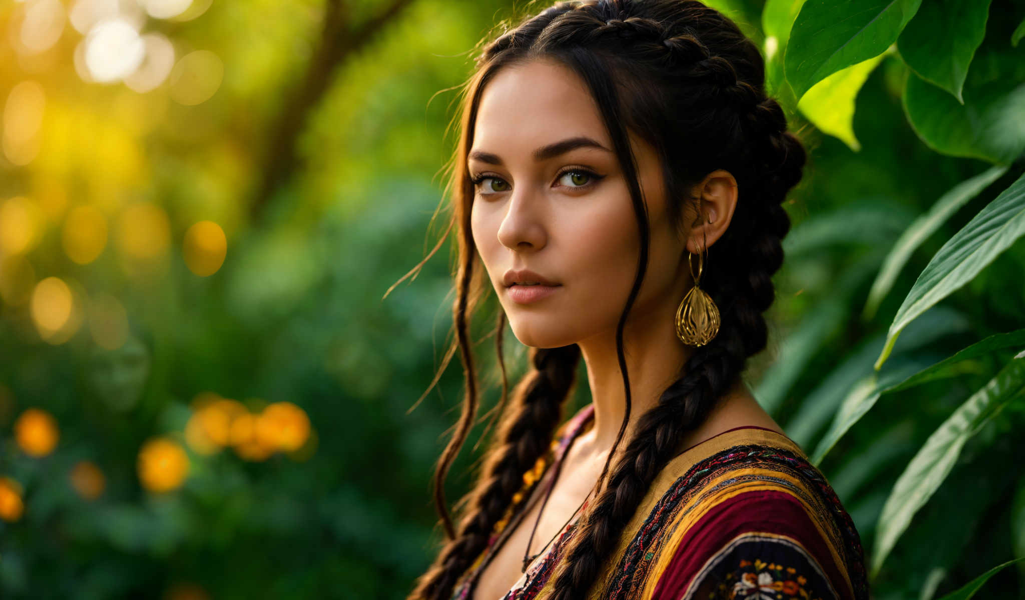 The image features a young woman with long braided hair. She is wearing a colorful dress and large gold earrings. The background is a blurred green color likely indicating a natural setting. The woman is looking off to the side with a serious expression on her face.