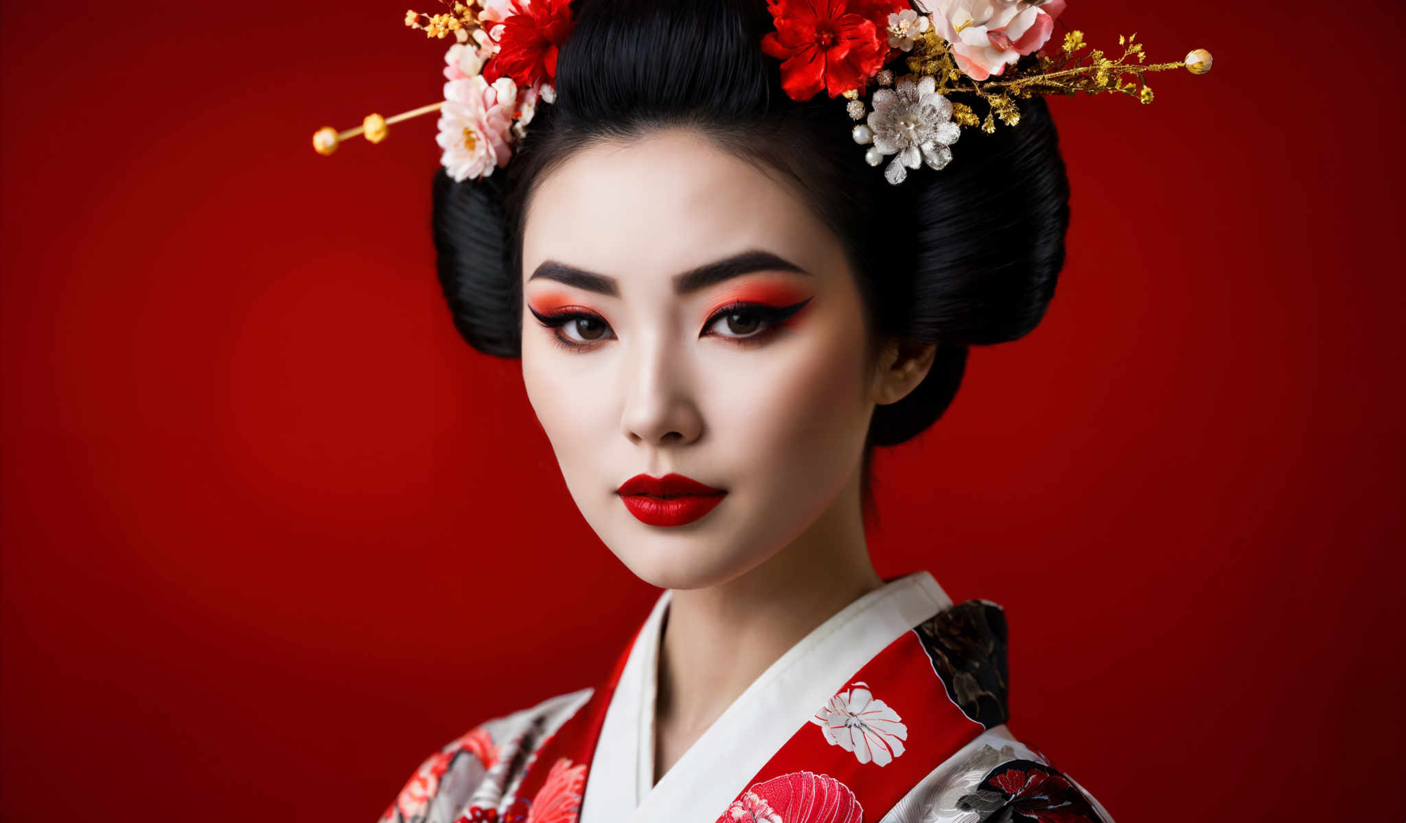 A woman wearing a kimono with red flowers on it.