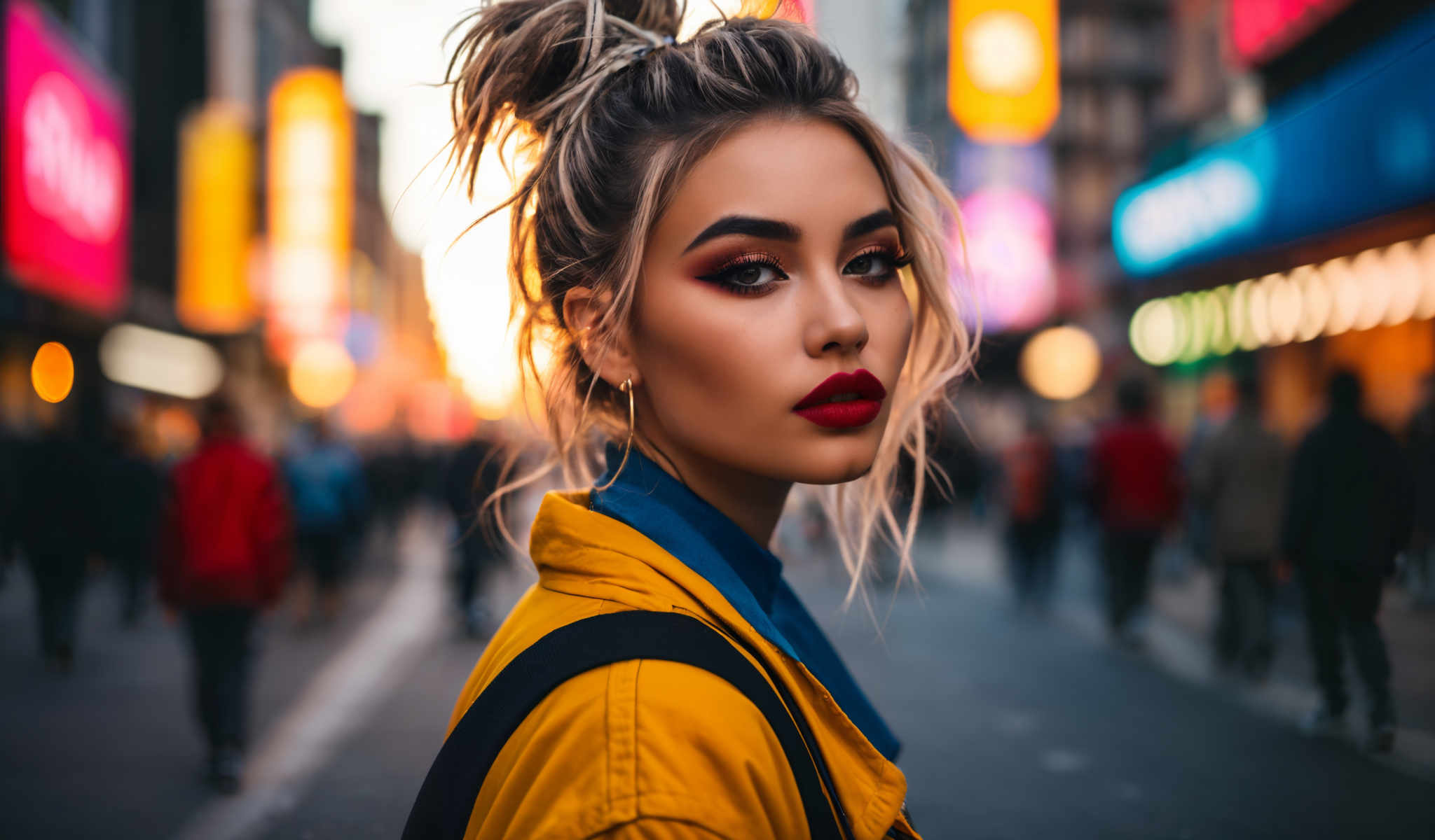 A woman with blonde hair and red lipstick is wearing a yellow jacket.